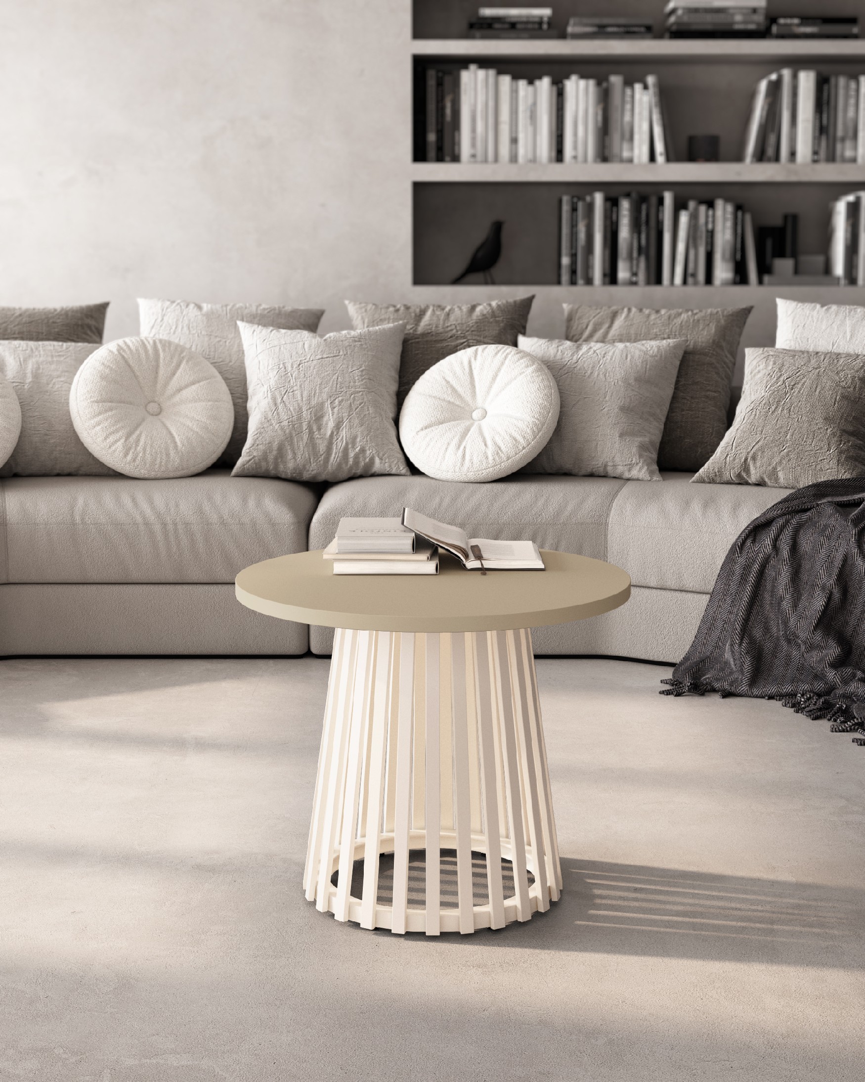 Table d'appoint Delta ronde avec plateau en mélamine perle et pied métallique ivoire Ø 60 cm