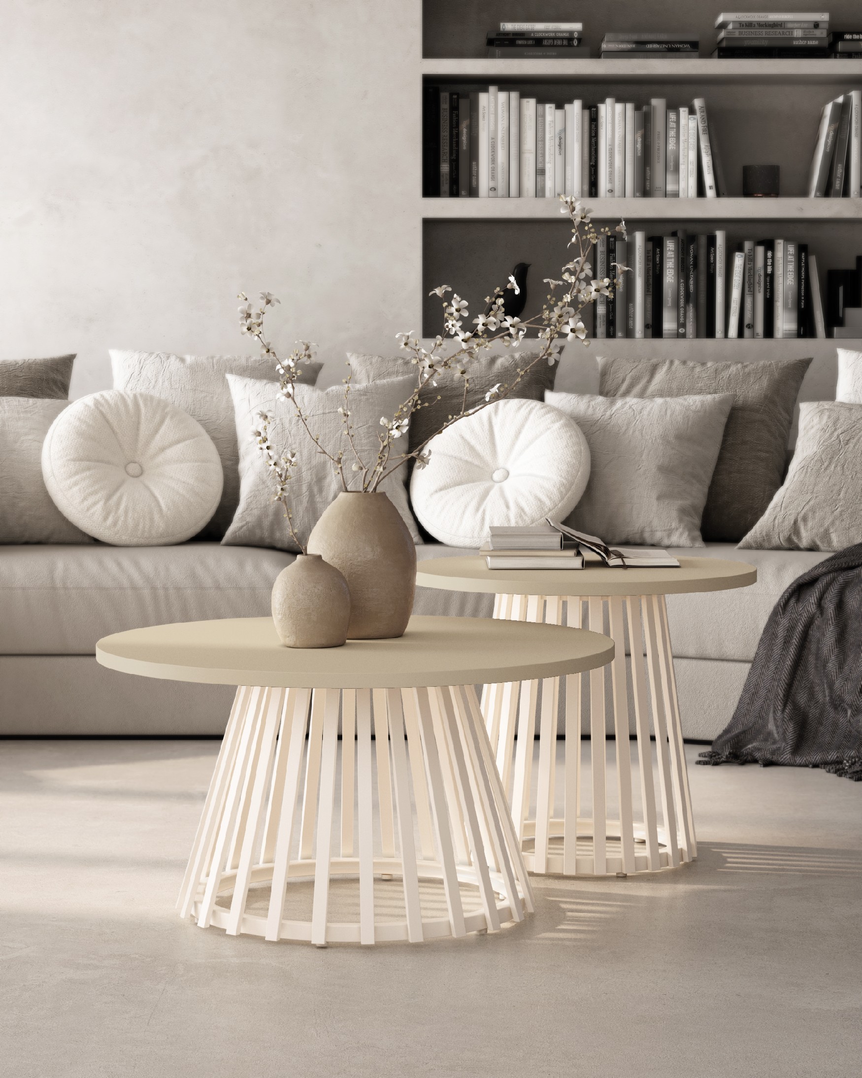 Table d'appoint Delta ronde avec plateau en mélamine perle et pied métallique ivoire Ø 60 cm