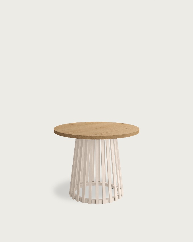 Table d'appoint Delta ronde avec plateau en mélamine chêne et pied métallique ivoire Ø 60 cm