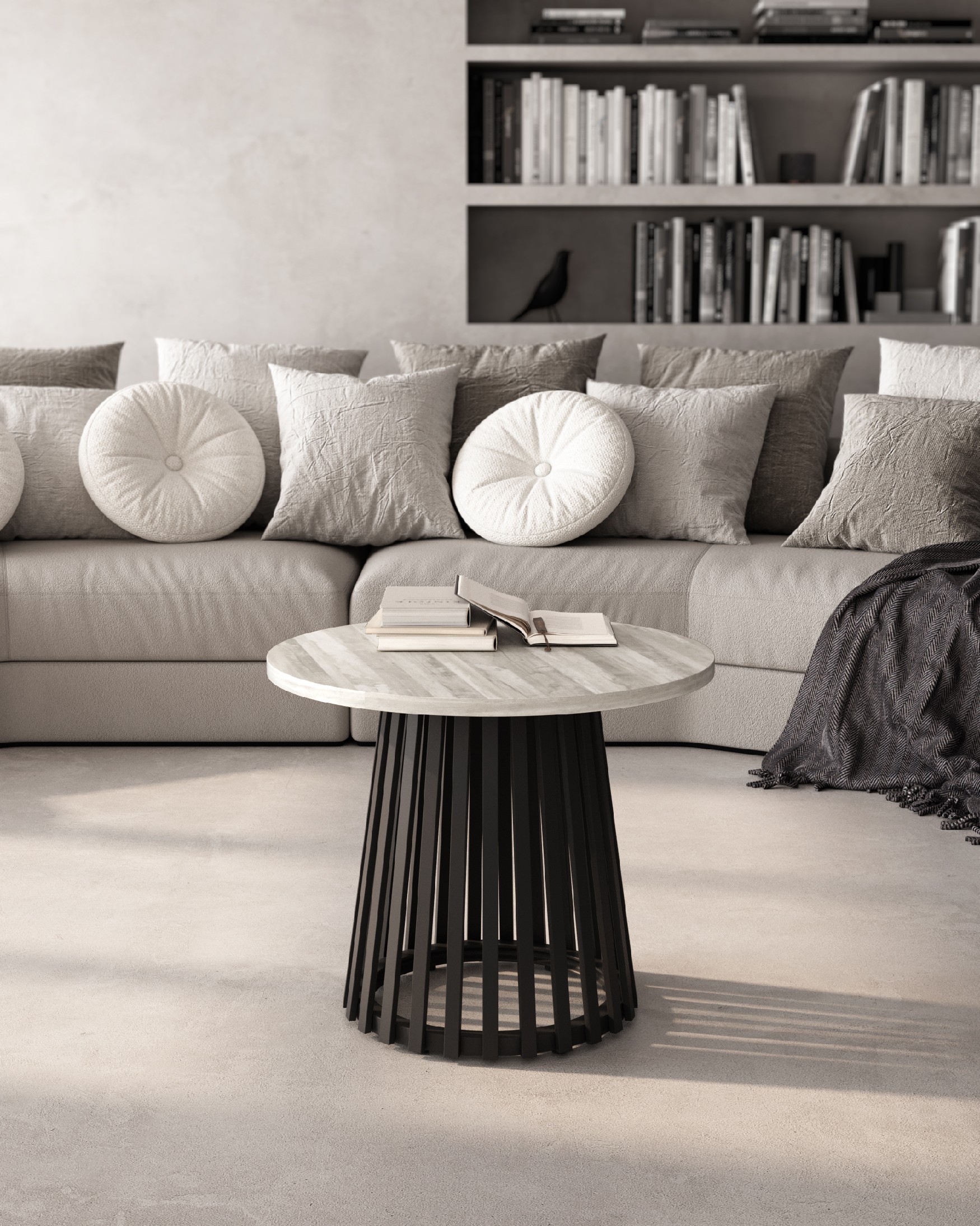 Table d'appoint Delta ronde avec plateau en mélamine artic et pied métallique noir Ø 60 cm