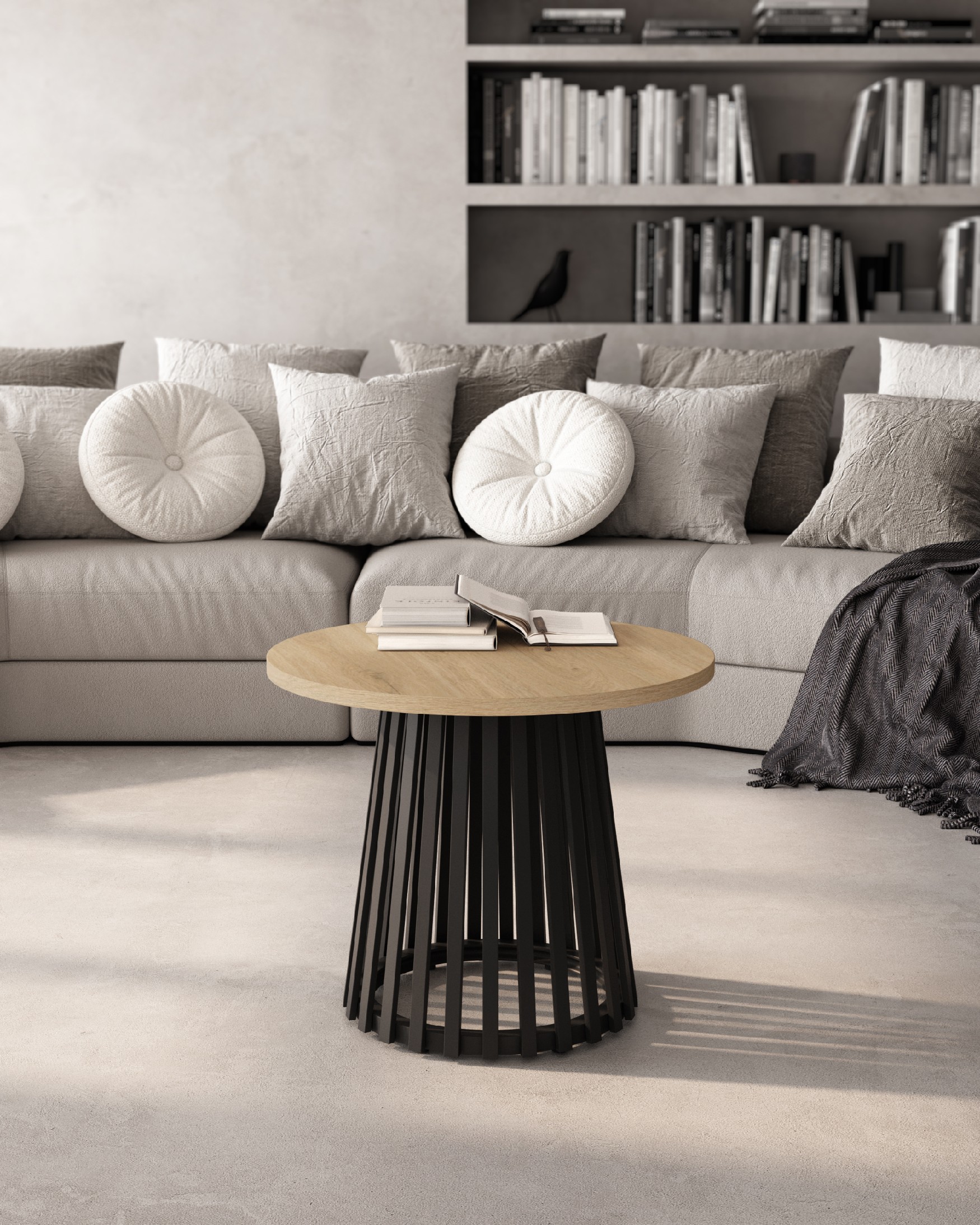 Delta round side table with natural oak melamine top and black metal leg Ø 60 cm