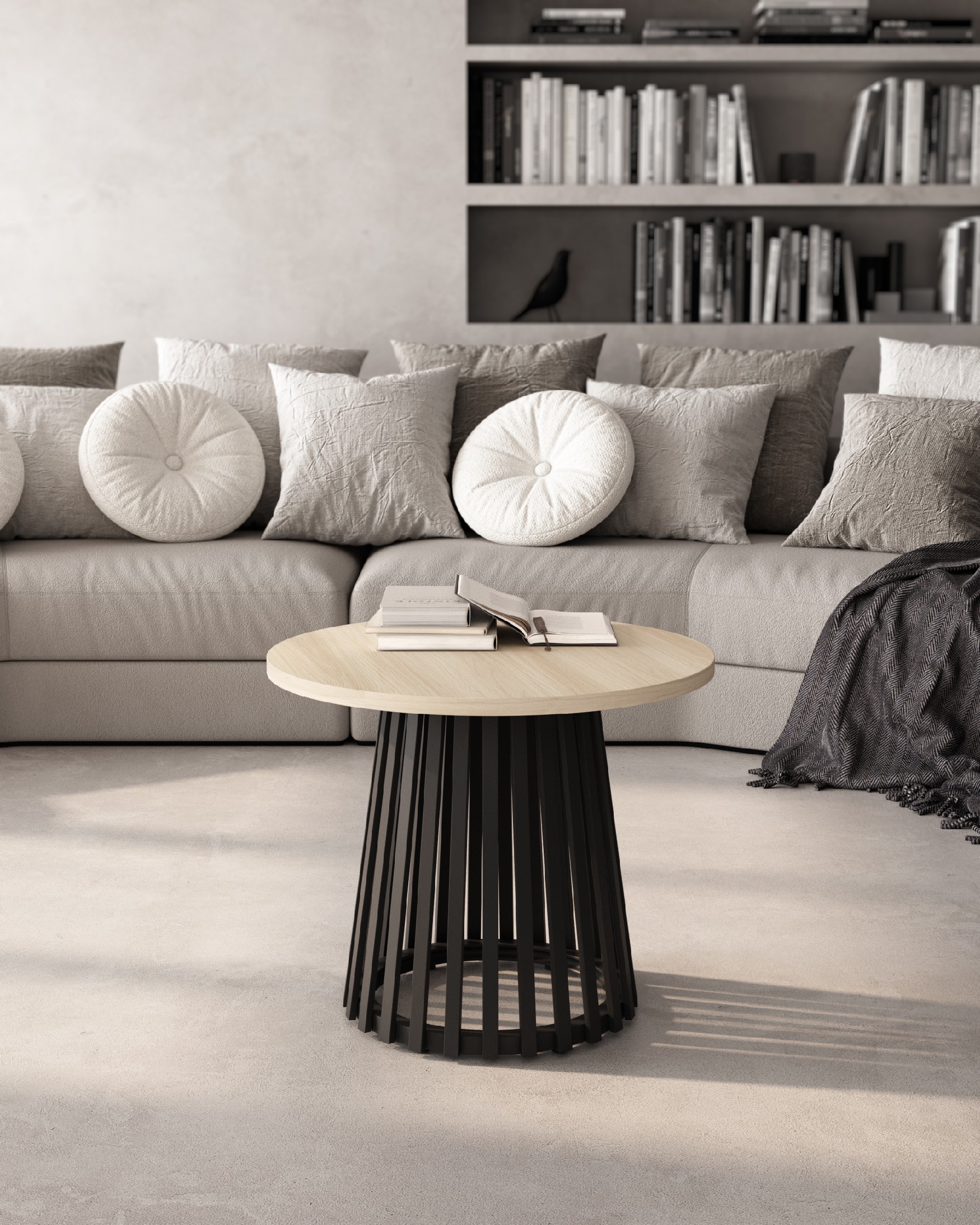Table d'appoint Delta ronde avec plateau en mélamine chêne et pied métallique noir Ø 60 cm