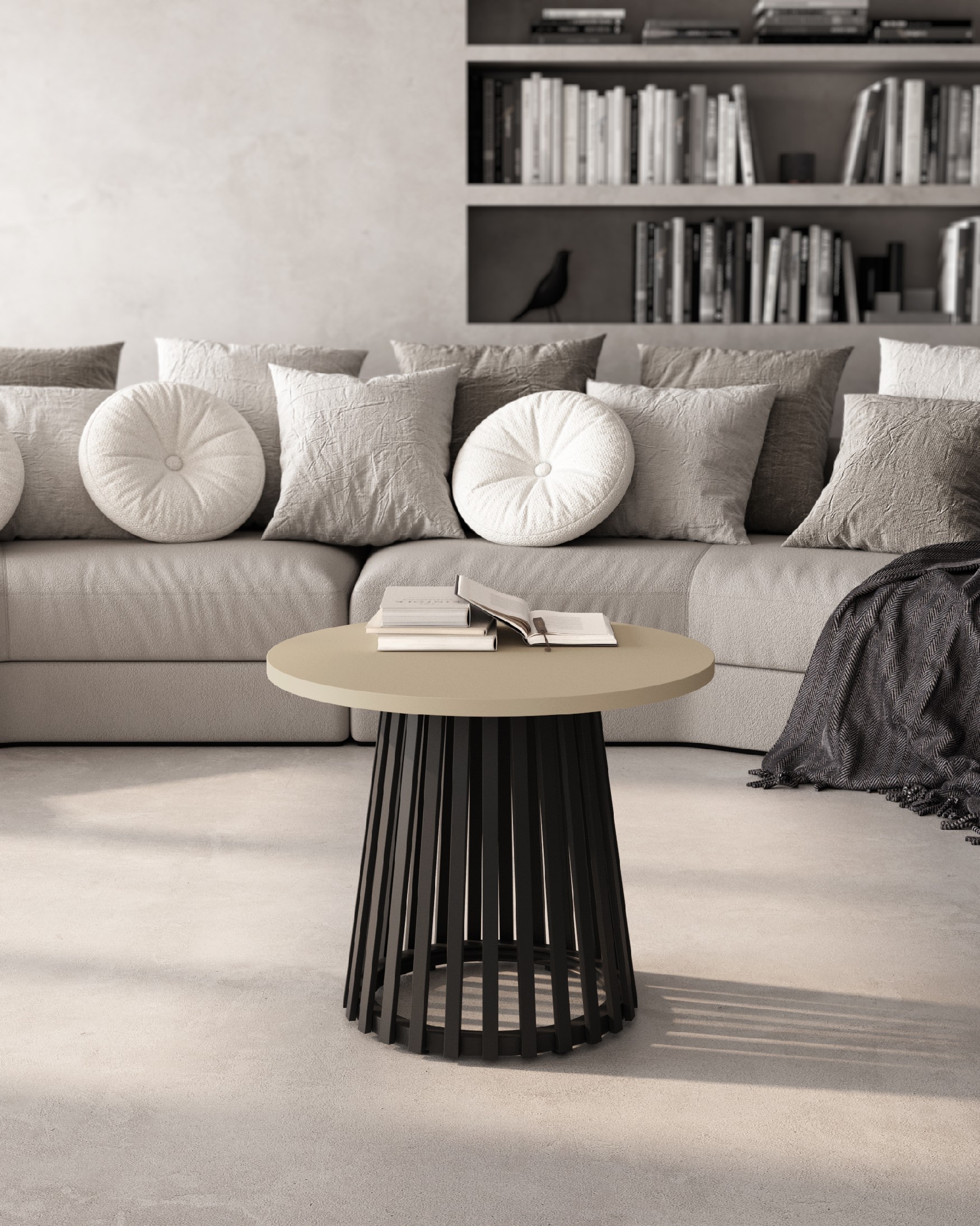 Delta round side table with pearl melamine top and black metal leg Ø 60 cm