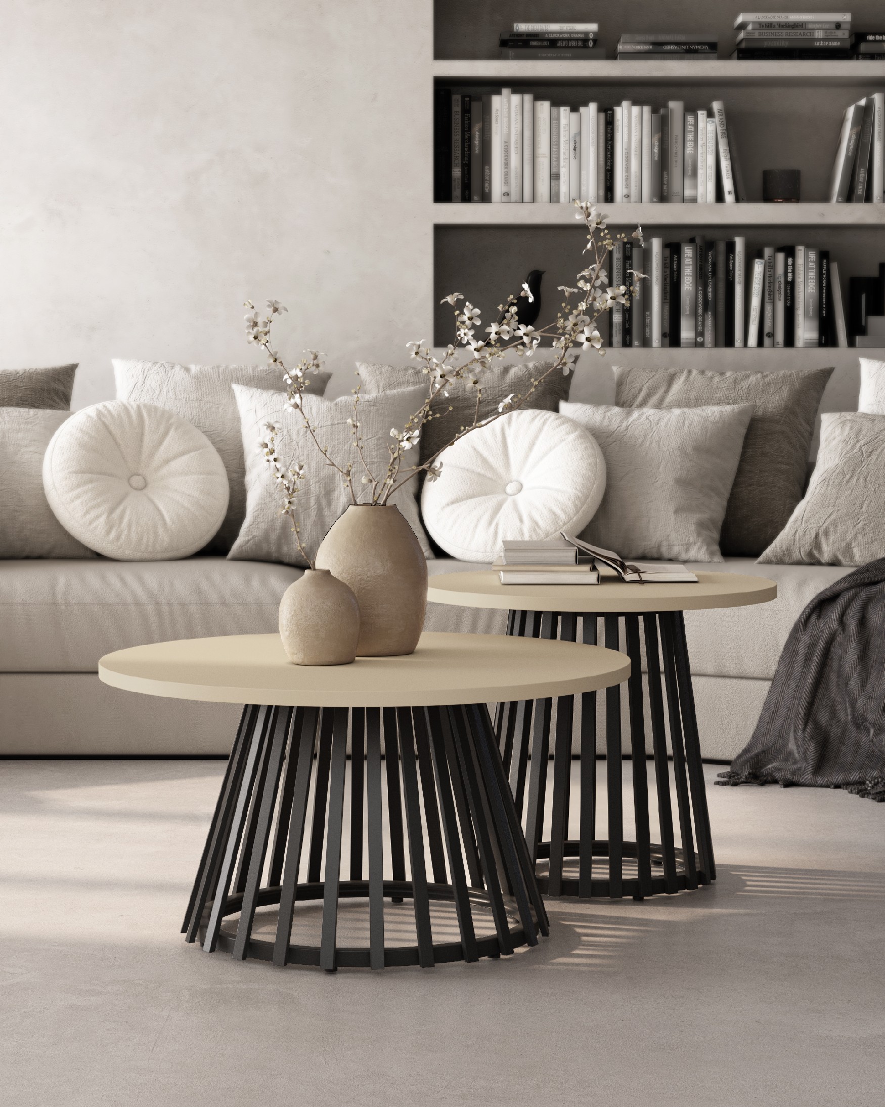 Delta round side table with pearl melamine top and black metal leg Ø 60 cm