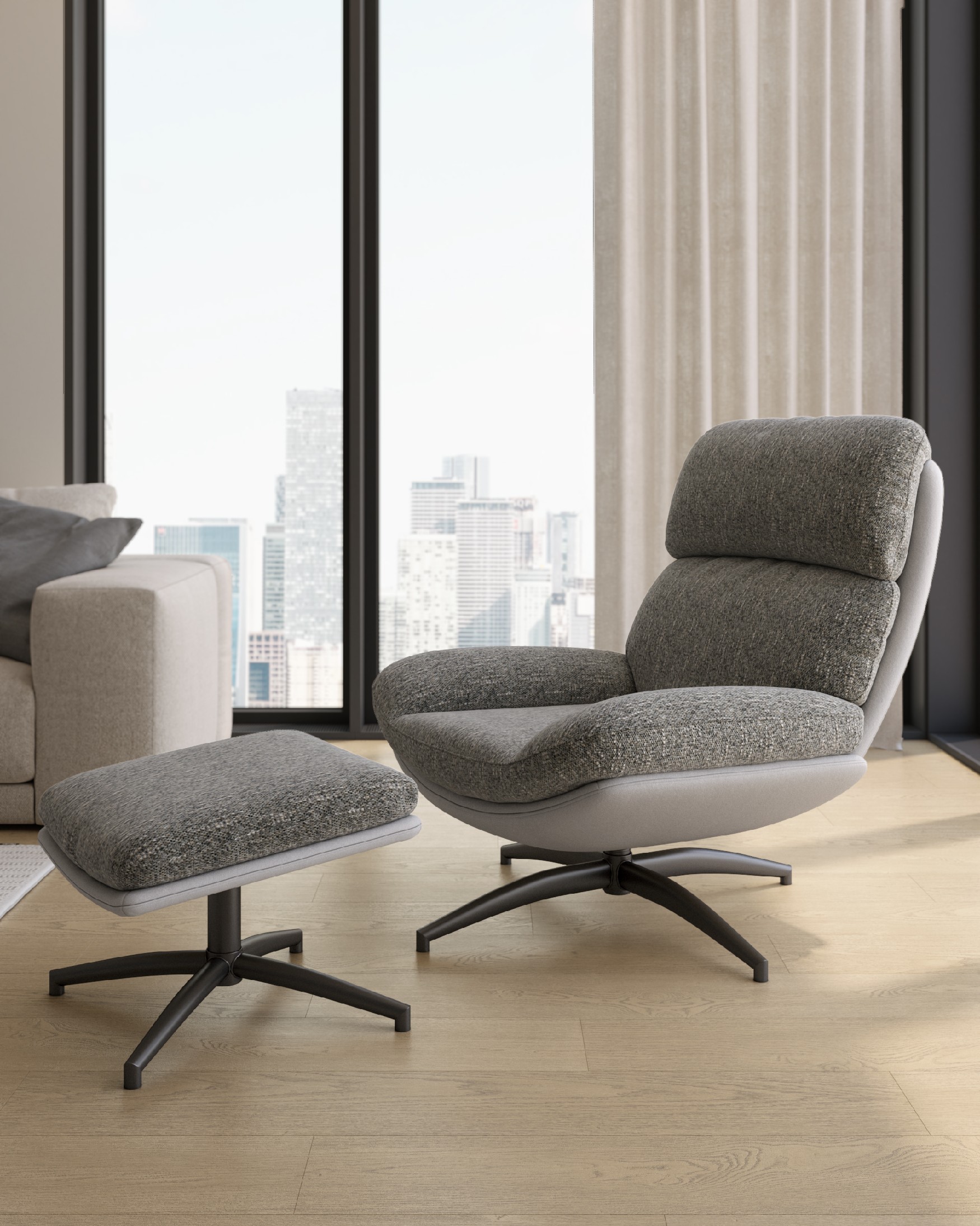 Fauteuil Denia avec rembourrage gris et tempête avec pouf en structure métallique noire, basculant et tournant à 360°.