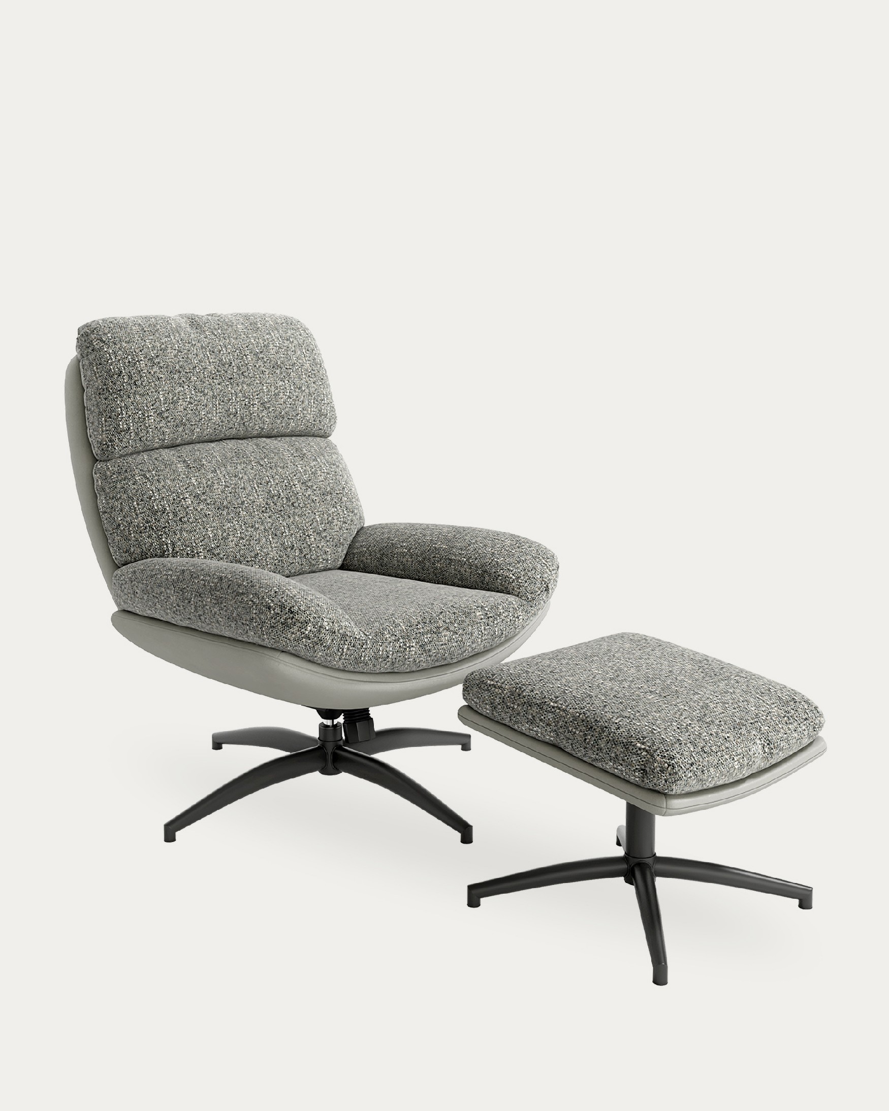 Fauteuil Denia avec rembourrage gris et tempête avec pouf en structure métallique noire, basculant et tournant à 360°.