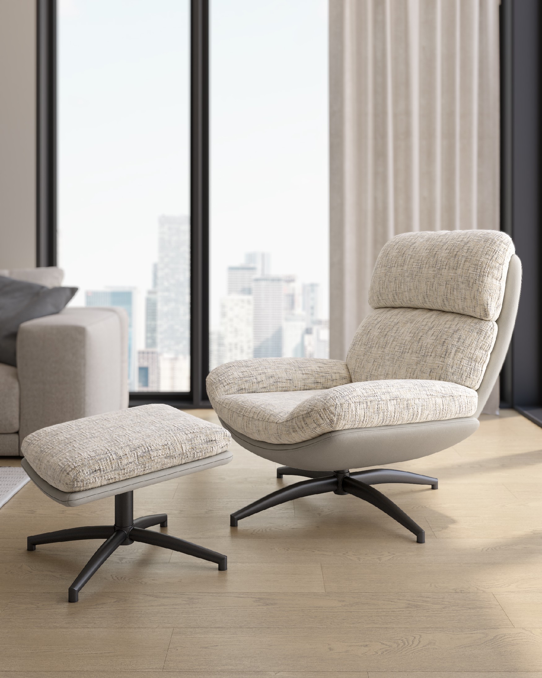 Denia armchair with pearl and cloud upholstery and black metal structure ottoman, 360° swivel rocking.