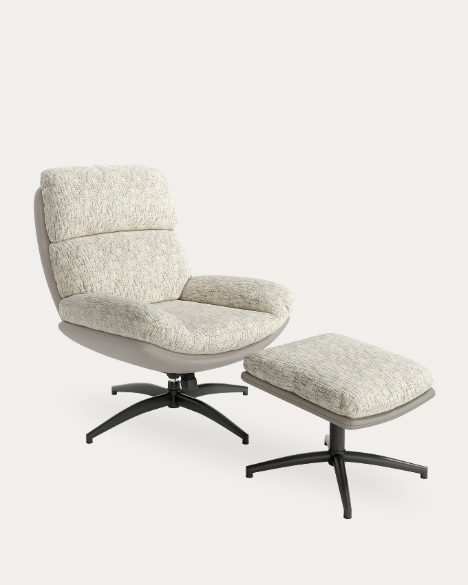 Denia armchair with pearl and cloud upholstery and black metal structure ottoman, 360° swivel rocking.