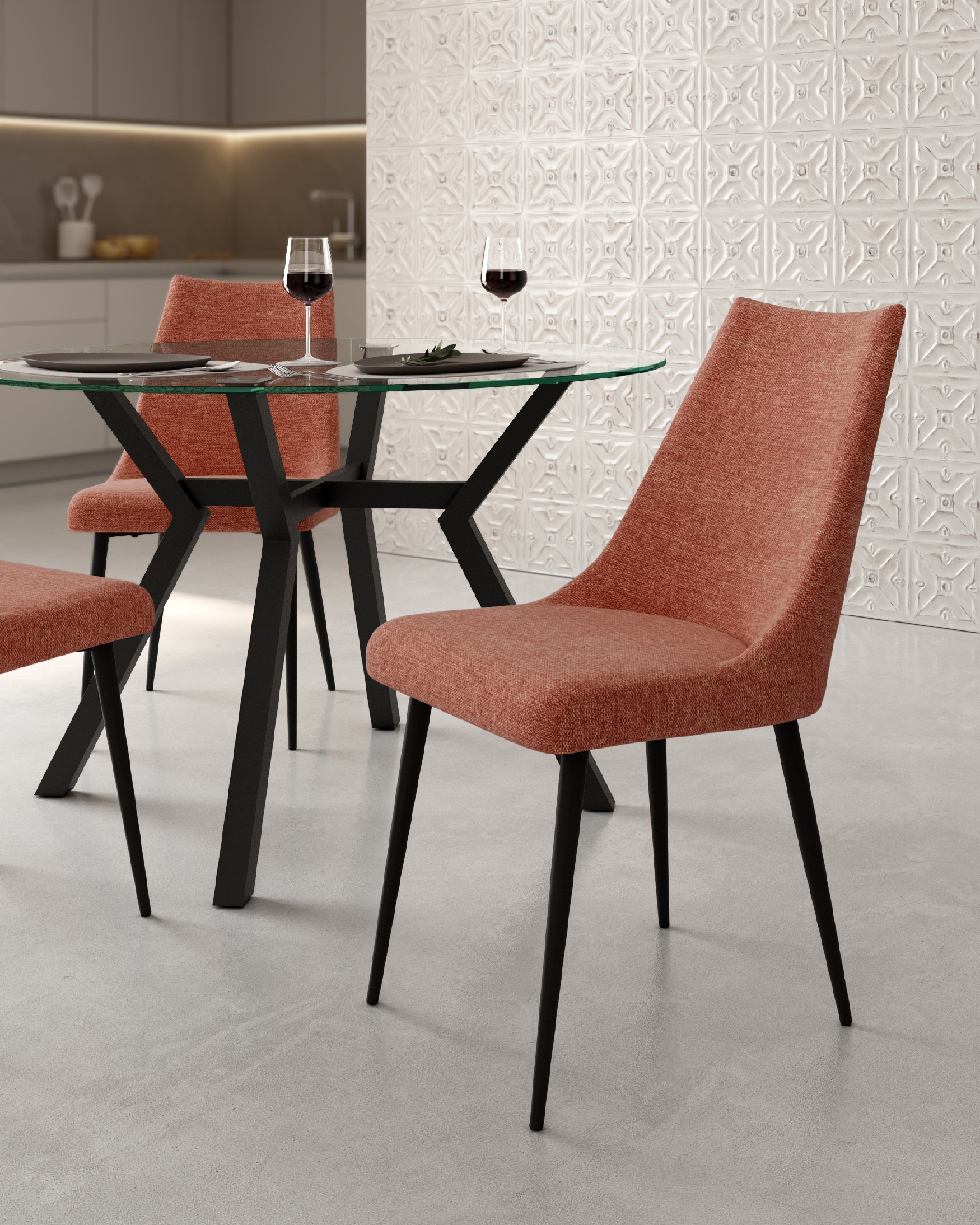 Denver chair with salmon upholstery and black metal legs