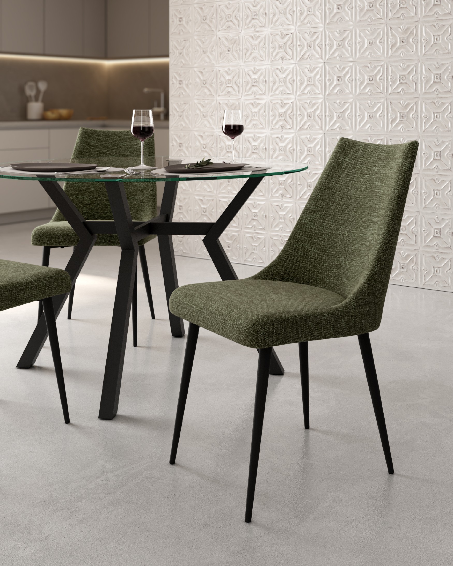Chaise Denver avec rembourrage vert et pieds métalliques noirs