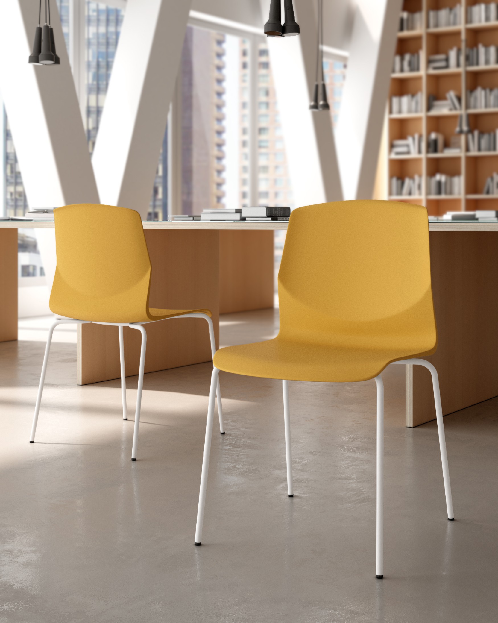 mustard polypropylene Derby chair with white metal legs
