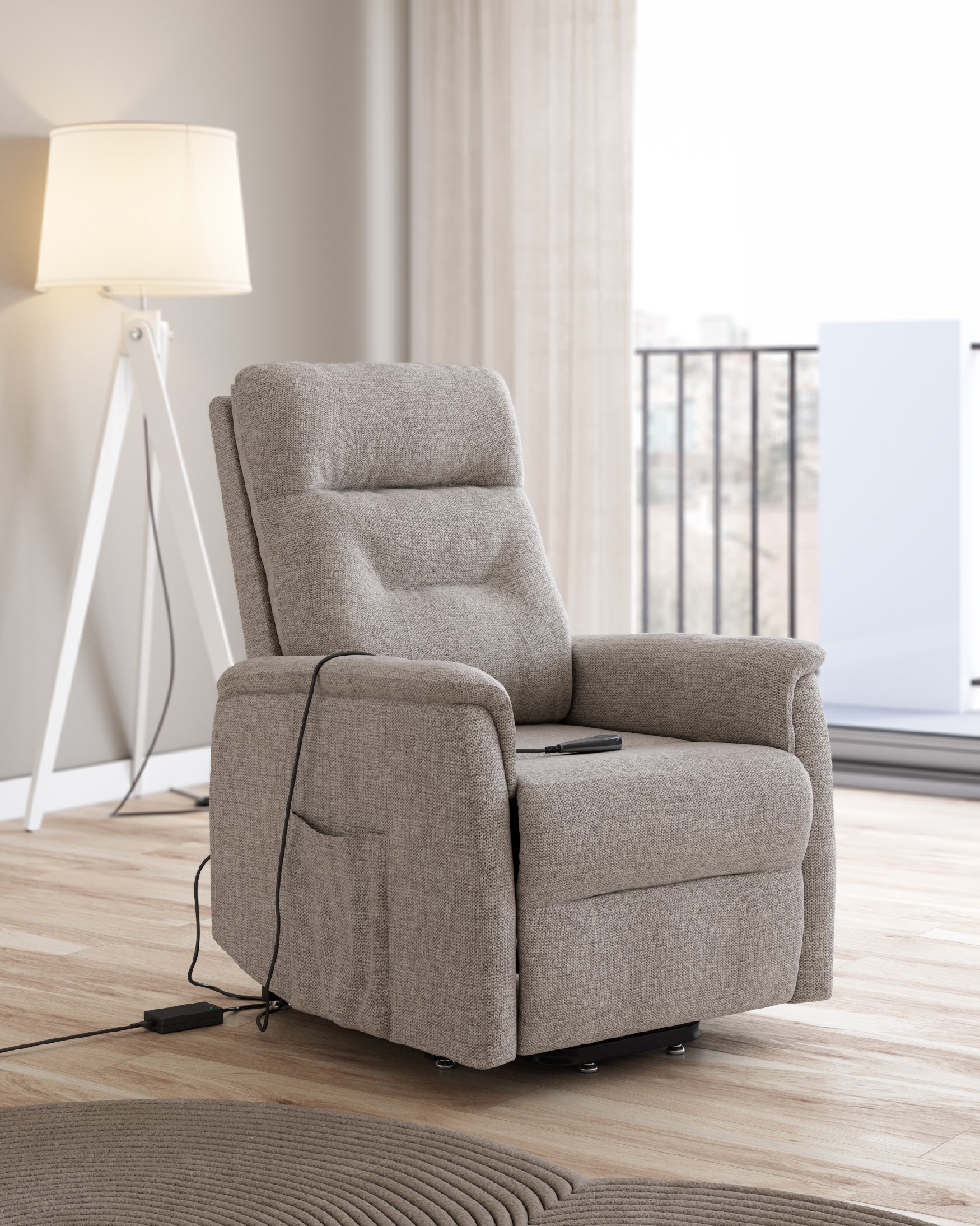 Fauteuil relax électrique power lift Diana avec tapisserie perle et pied en métal noir
