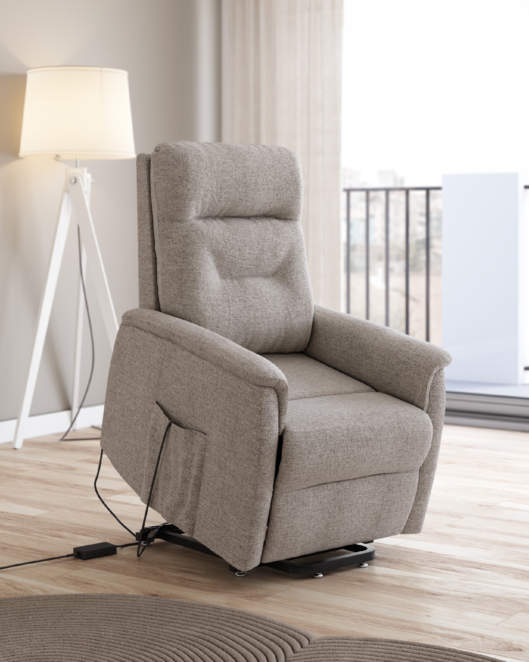 Fauteuil relax électrique power lift Diana avec tapisserie perle et pied en métal noir
