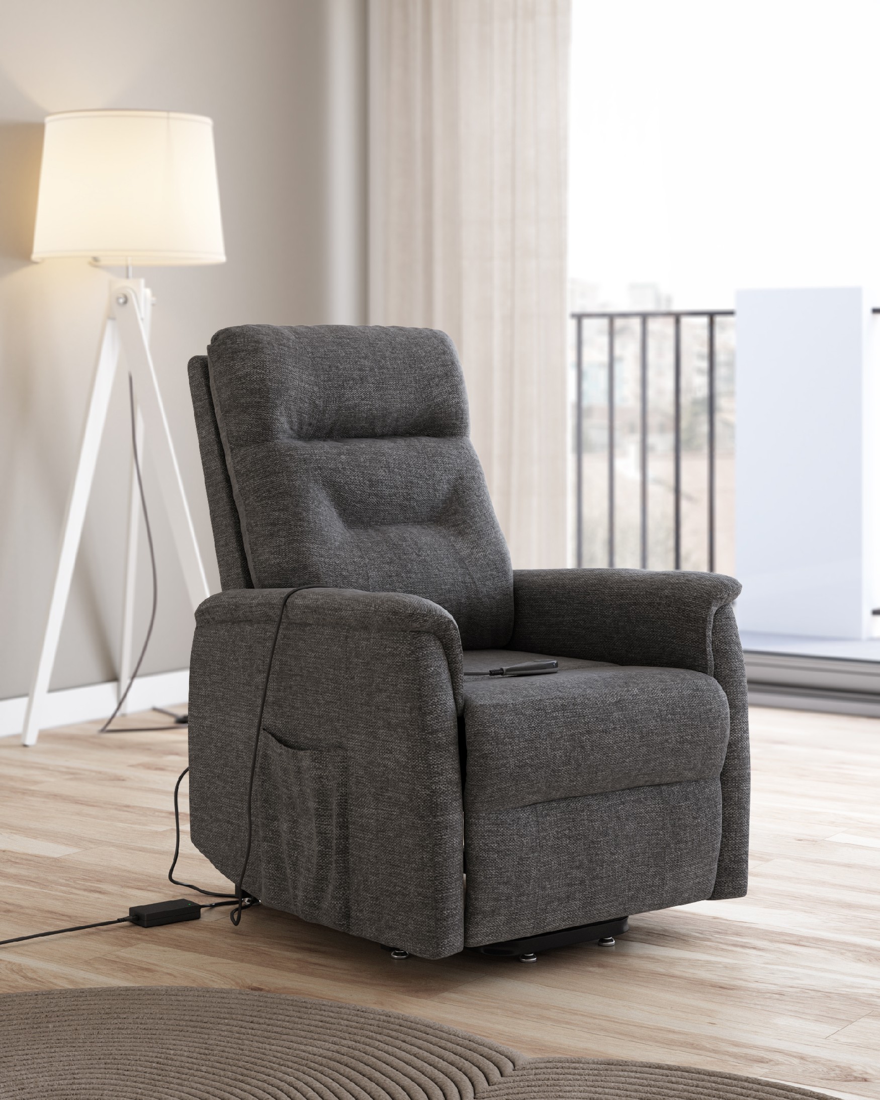 Butaca relax eléctrica power lift Diana con tapizado gris pizarra y pata de metal negra