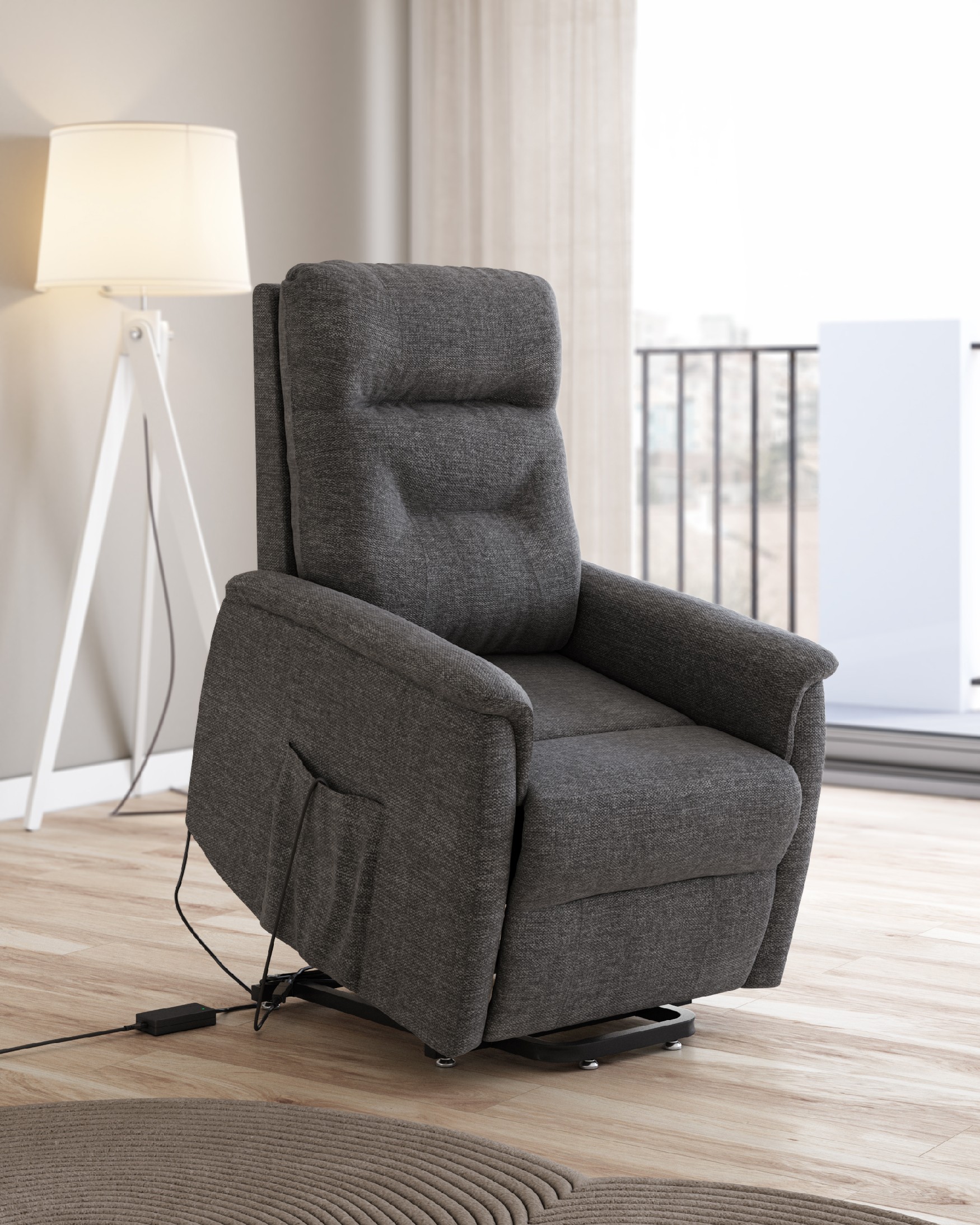 Butaca relax eléctrica power lift Diana con tapizado gris pizarra y pata de metal negra