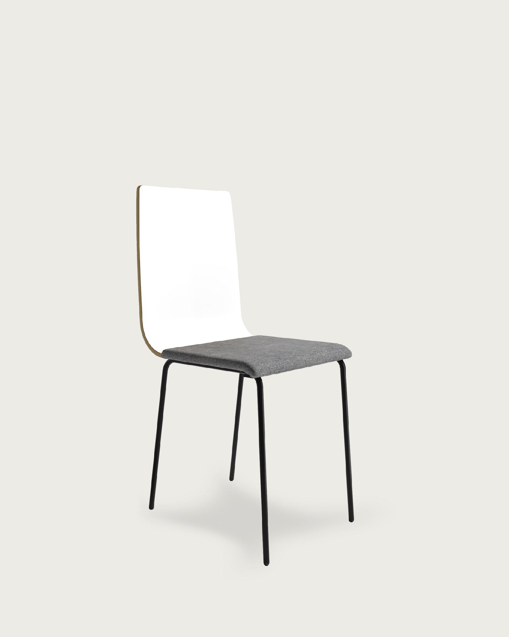 Silla Dubai con tapizado gris, respaldo soul blanco y patas metálicas negras