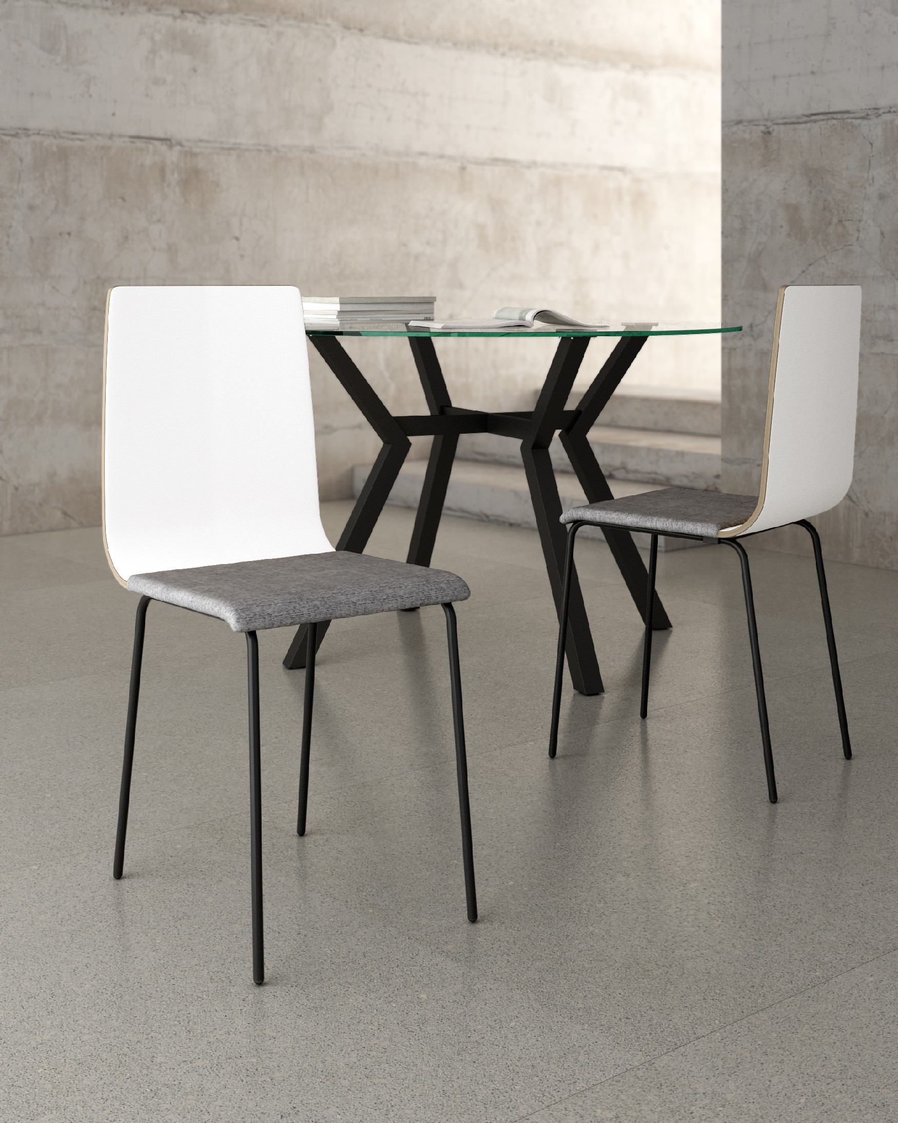 Silla Dubai con tapizado gris, respaldo soul blanco y patas metálicas negras