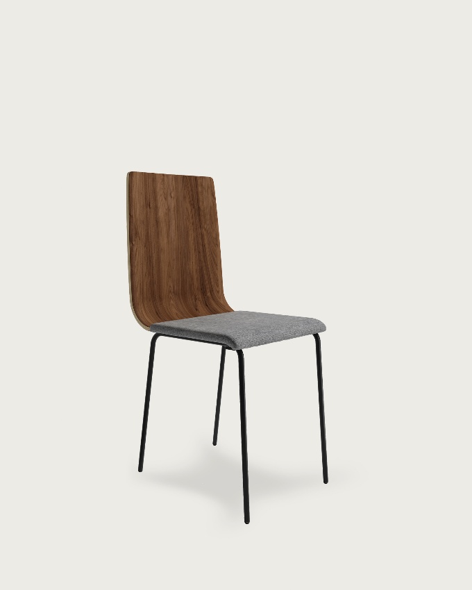 Dubai chair with gray upholstery, java backrest, and black metal legs
