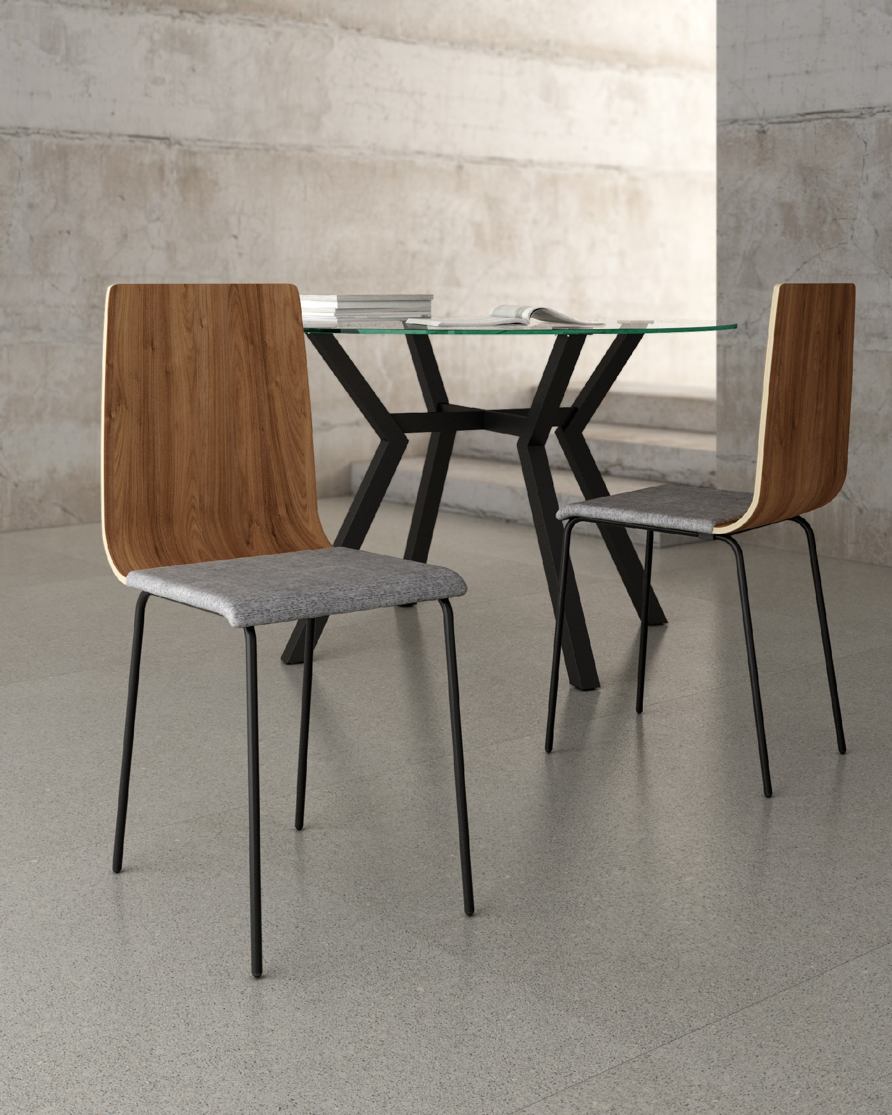 Dubai chair with gray upholstery, java backrest, and black metal legs