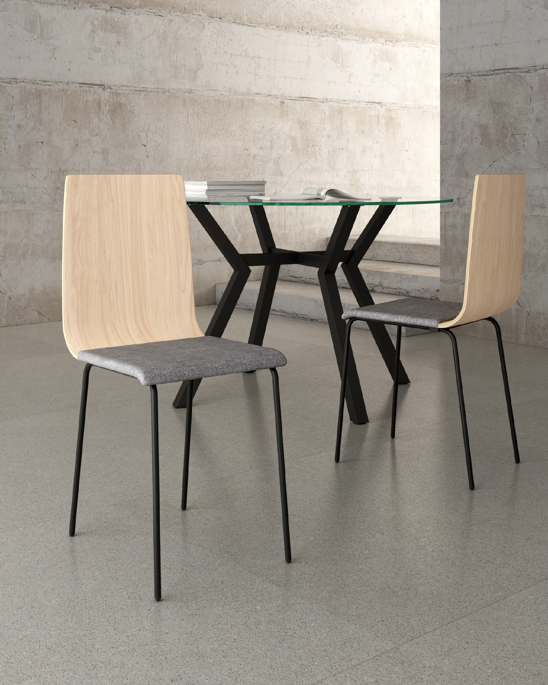 Silla Dubai con tapizado gris, respaldo alpin y patas metálicas negras