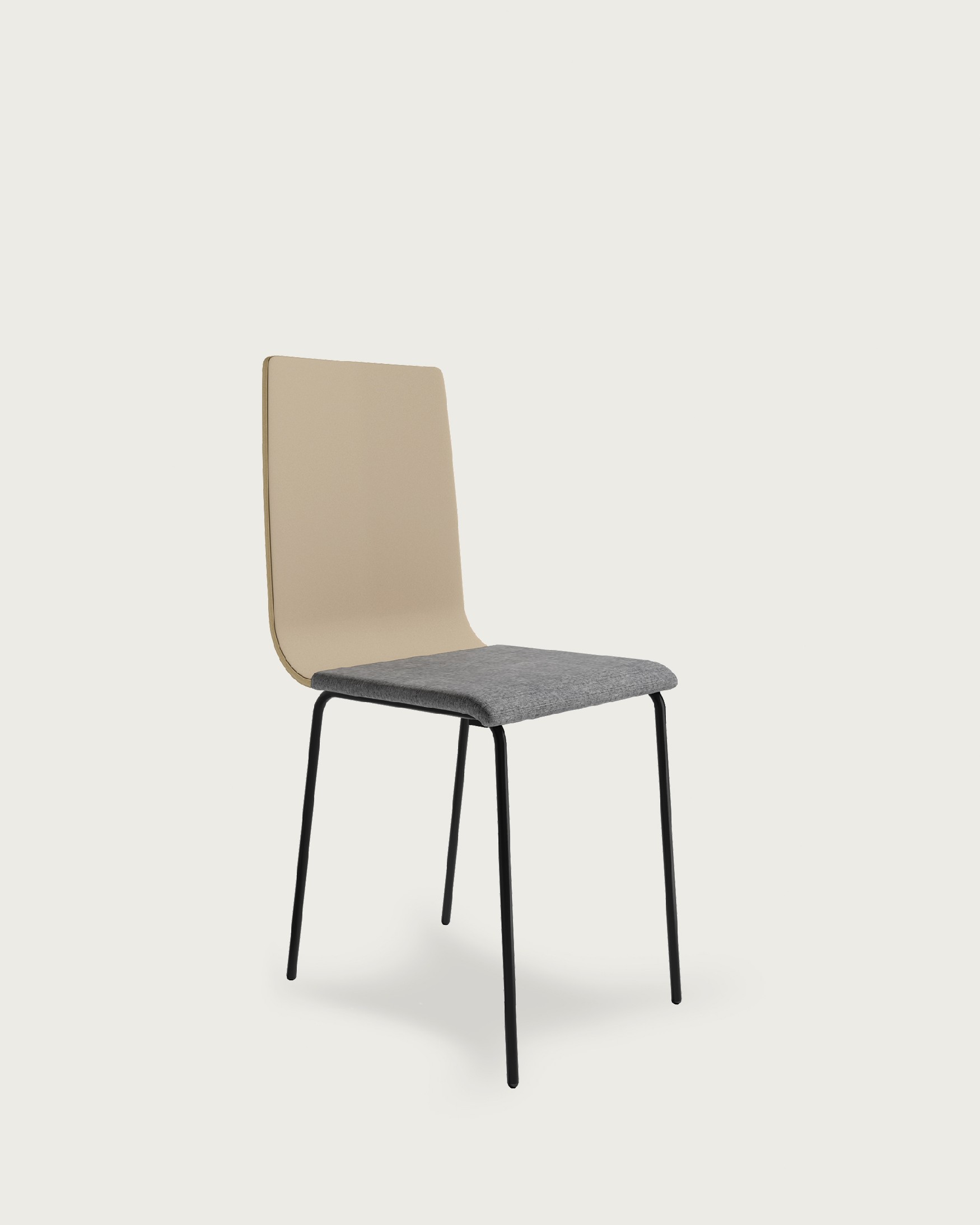 Silla Dubai con tapizado gris, respaldo perla y patas metálicas negras