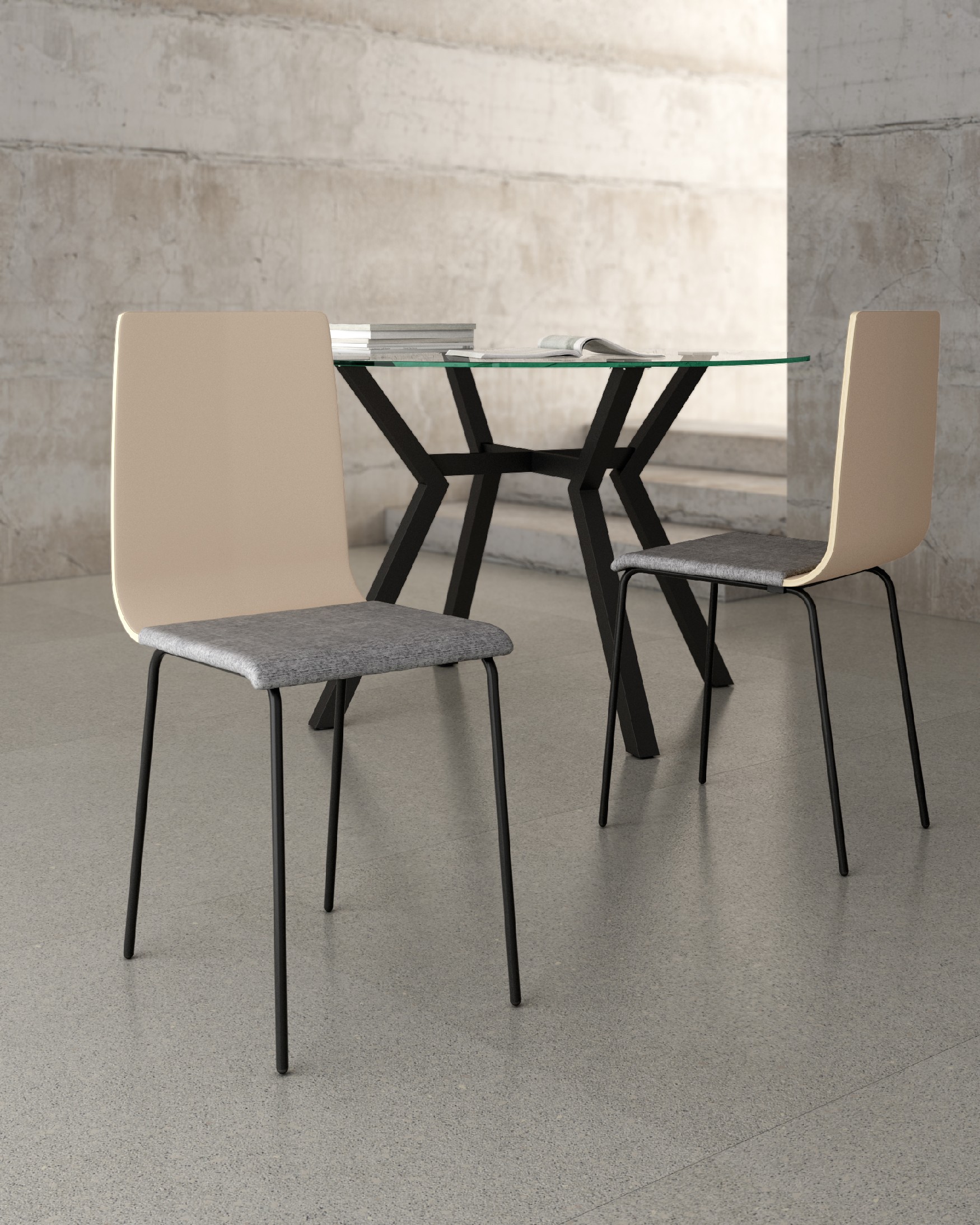 Silla Dubai con tapizado gris, respaldo perla y patas metálicas negras