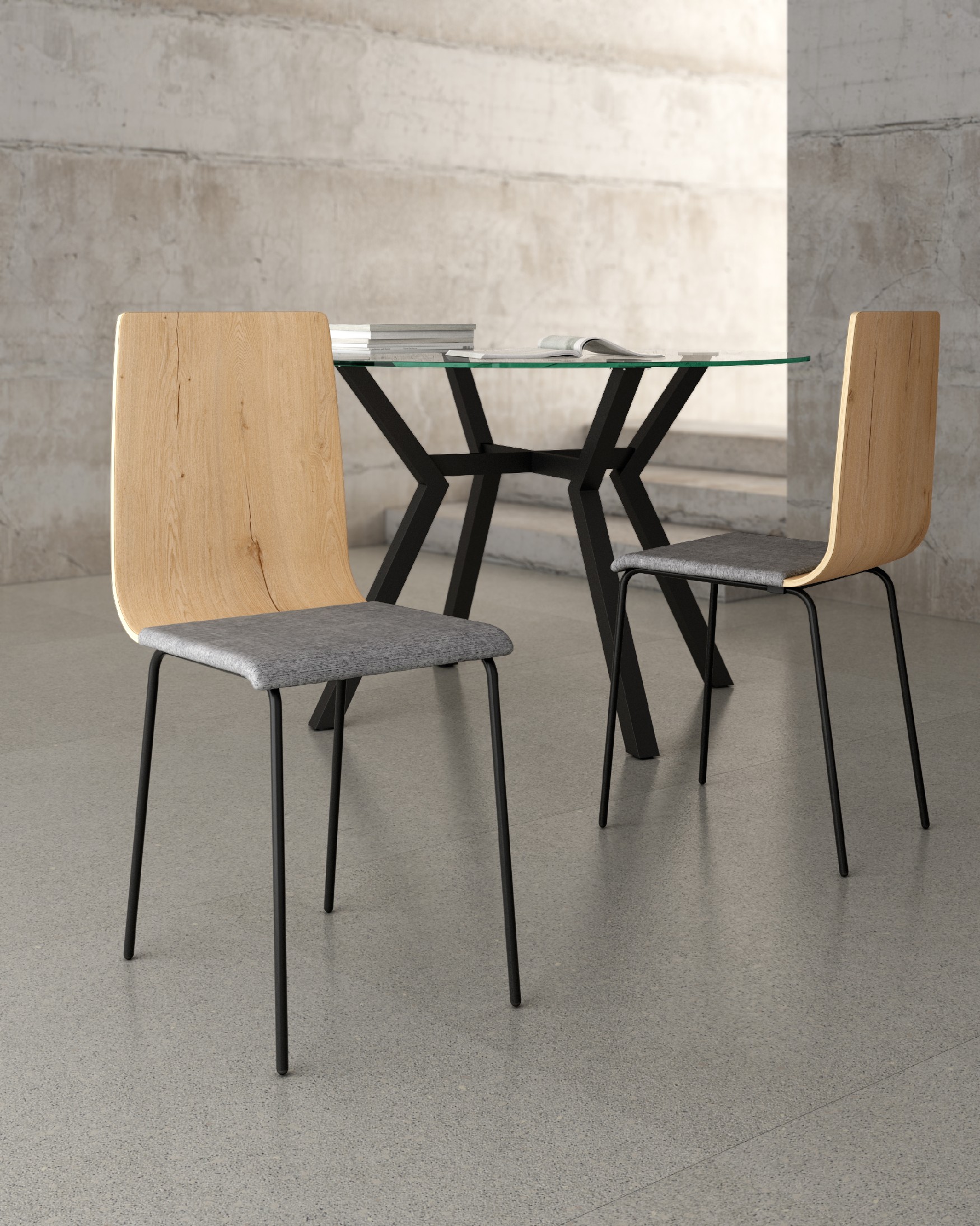 Silla Dubai con tapizado gris, respaldo roble y patas metálicas negras