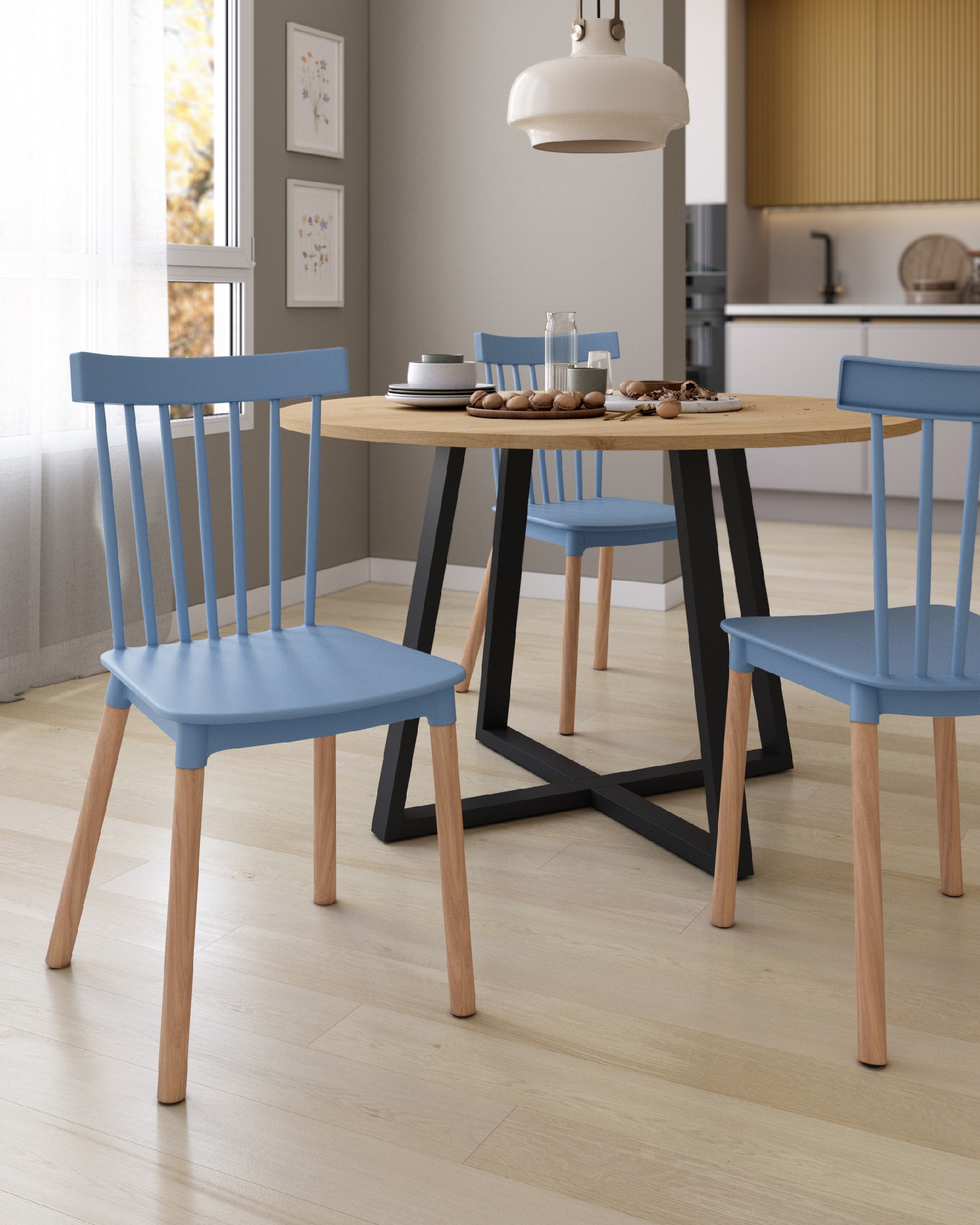 Dublin chair with blue upholstery and beech legs