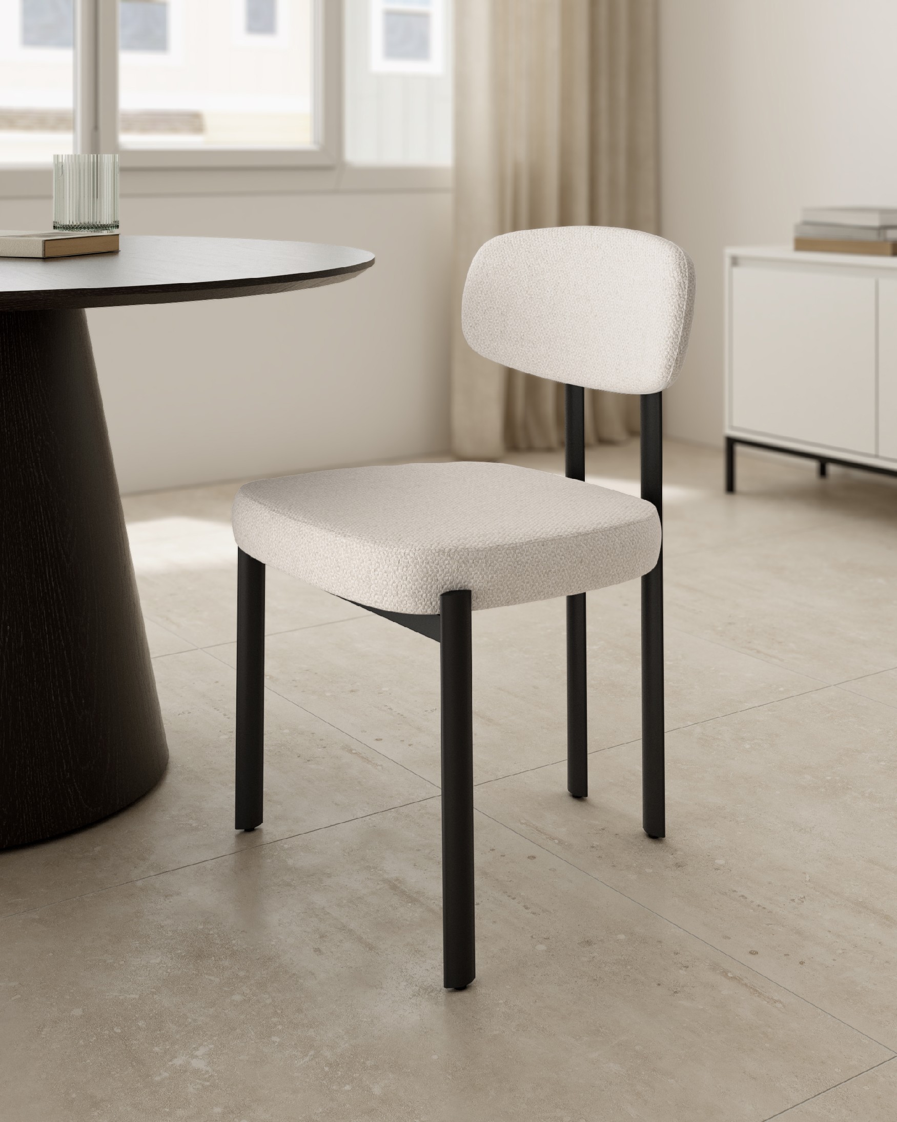 Durban chair with mother-of-pearl upholstery and black metal legs
