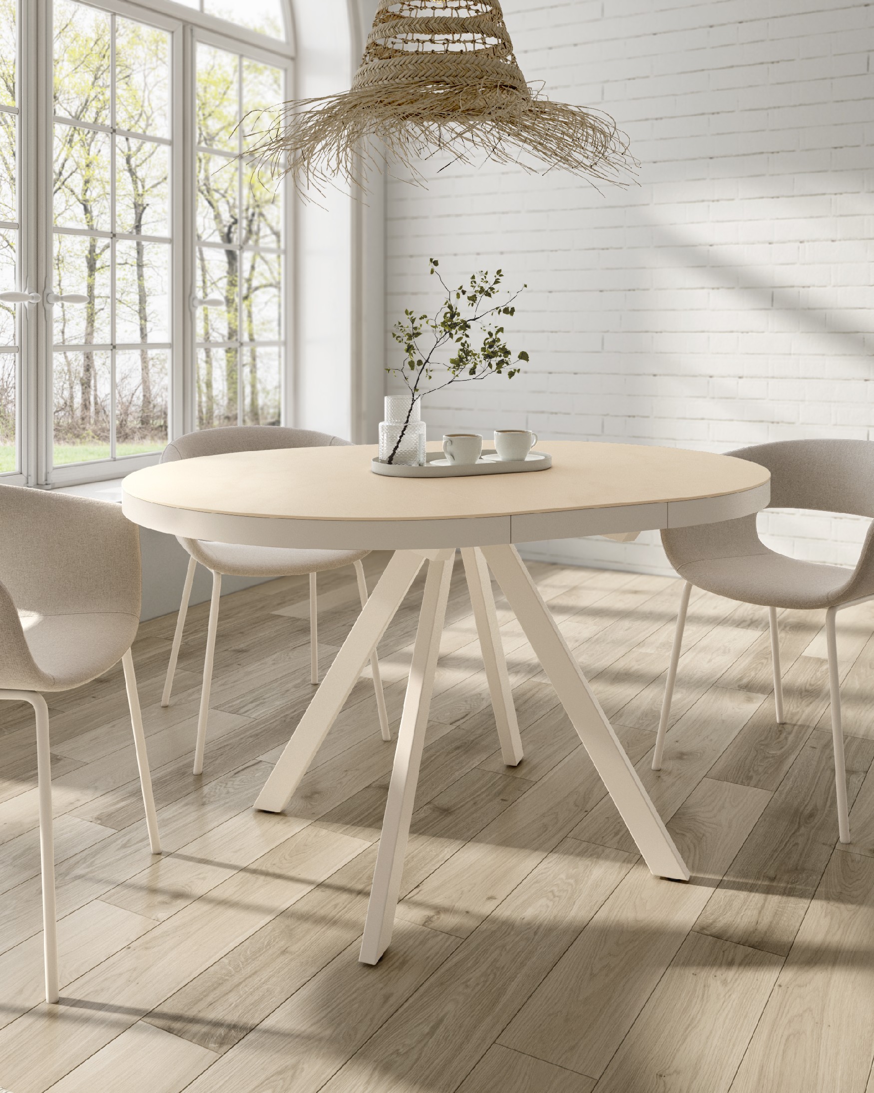 Ebro round extendable table with beige porcelain finish and ivory metal structure 100/130 cm