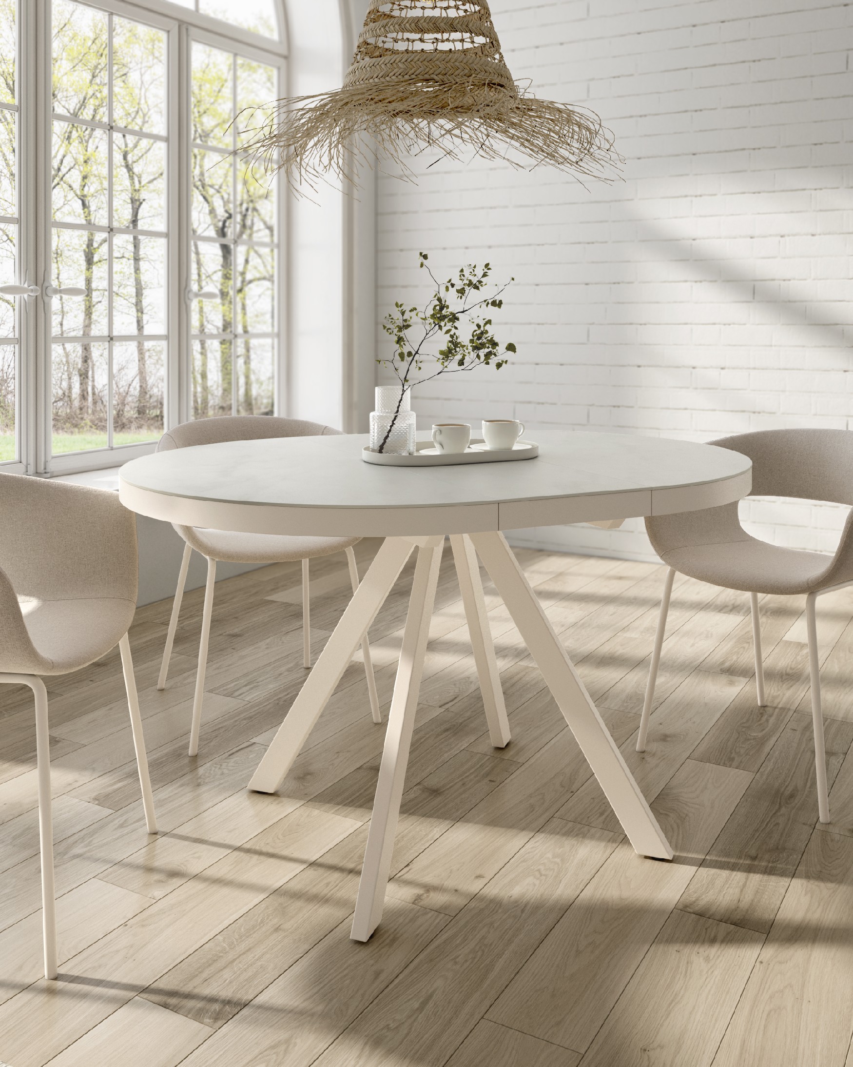 Ebro round extensible table with porcelain finish porland and ivory metal structure 120/160 cm