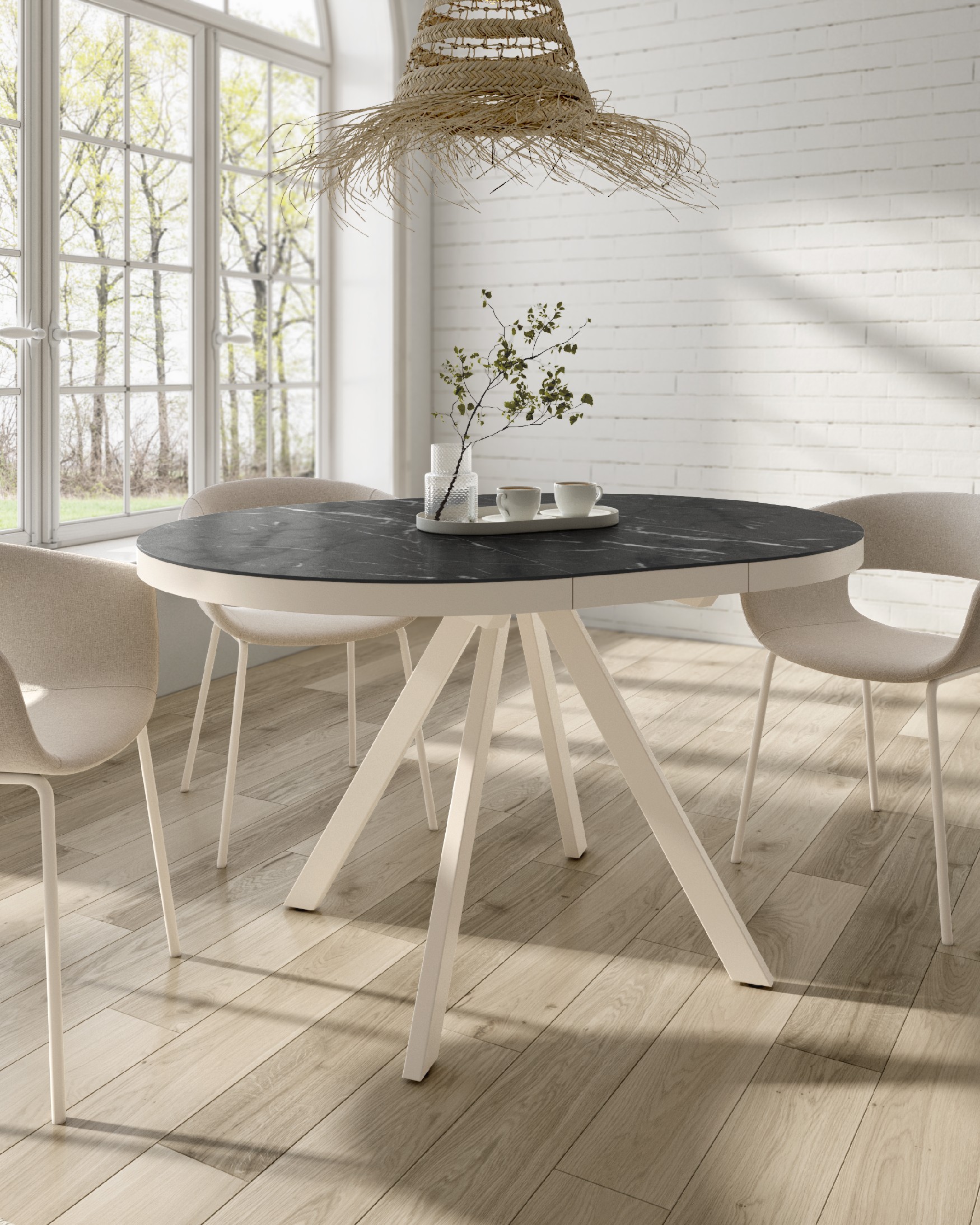 Table Ebro ronde extensible avec finition porcelaine marquina et structure métallique ivoire 100/130 cm
