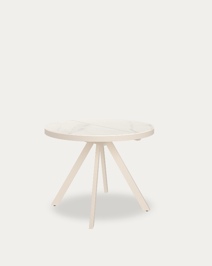Ebro round extendable table with carrara porcelain finish and ivory metal structure 120/160 cm