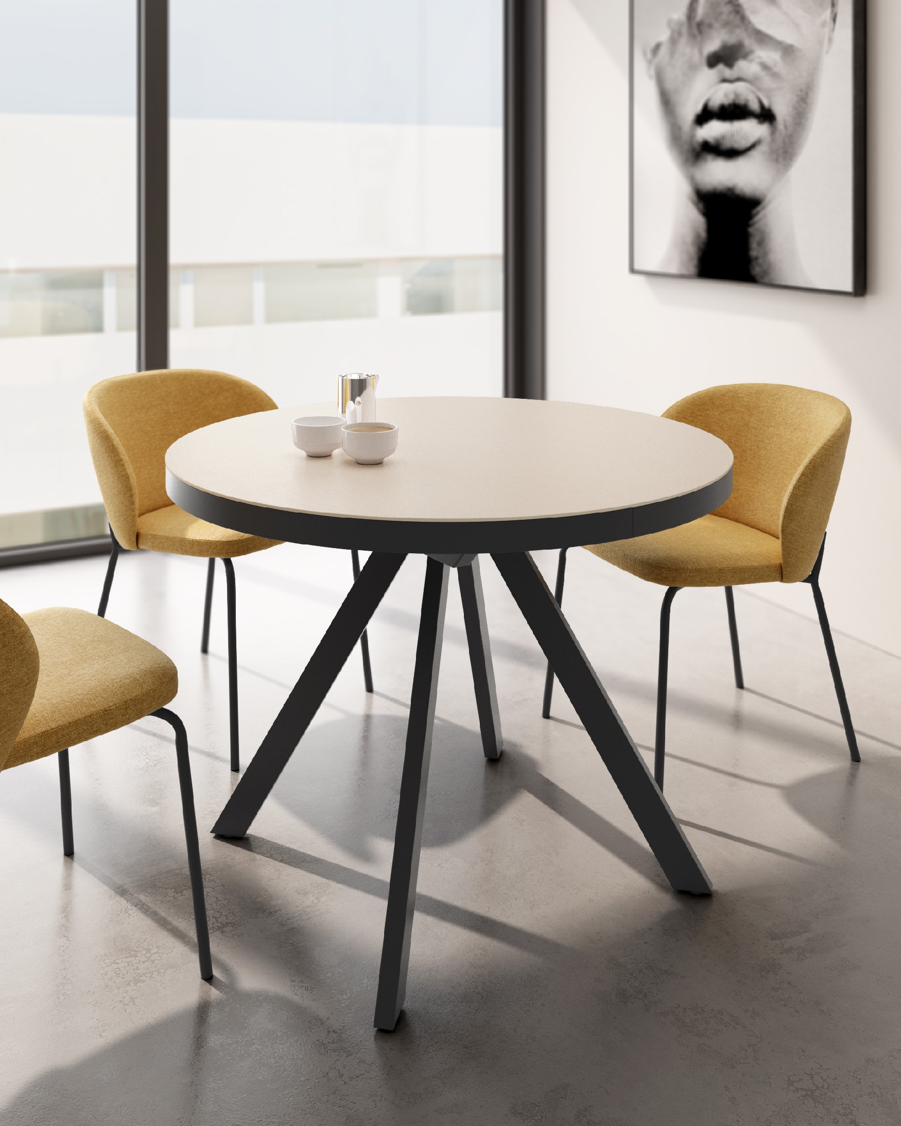 Ebro round extendable table with beige porcelain finish and black metal structure 100/130 cm