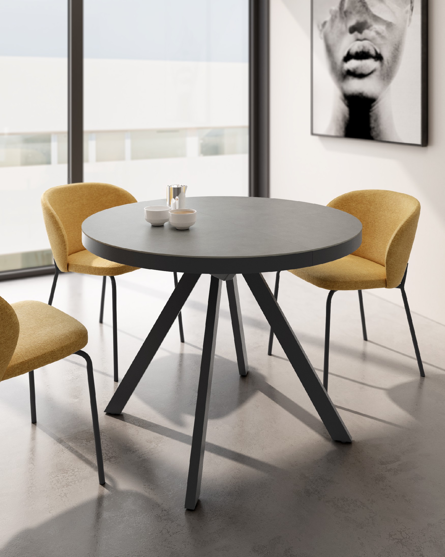 Ebro round extendable table with porcelain finish porland and black metal structure 100/130 cm