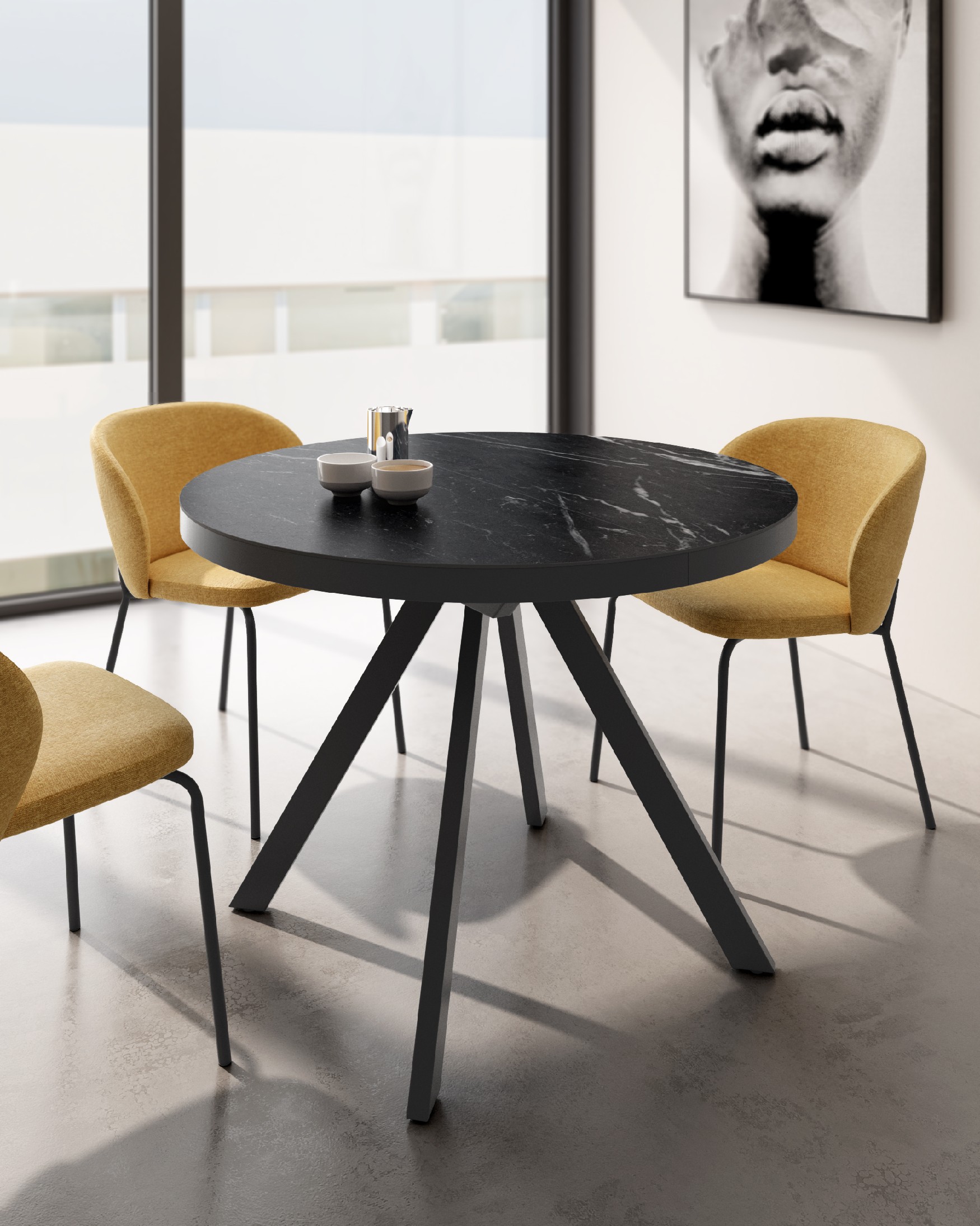 Ebro round extendable table with marquina porcelain finish and black metal structure 120/160 cm