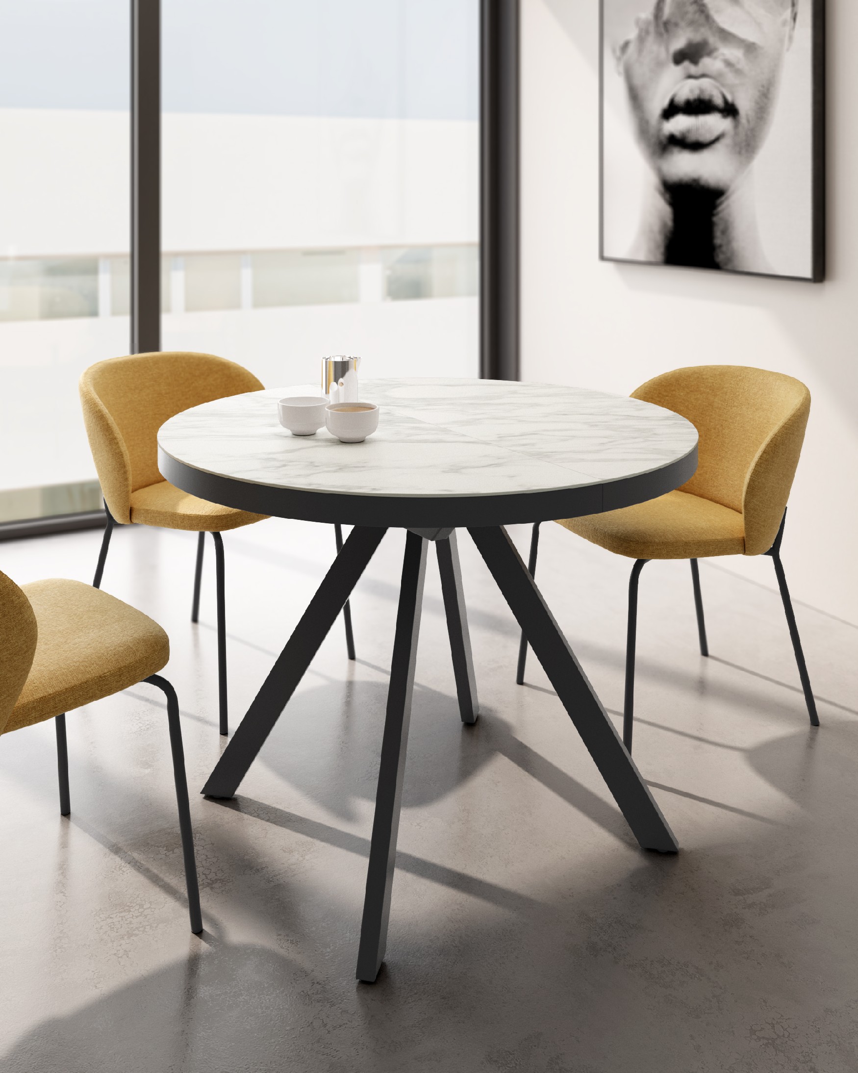 Mesa Ebro redonda extensible con acabado porcelánico carrara y estructura metálica negra 100/130 cm