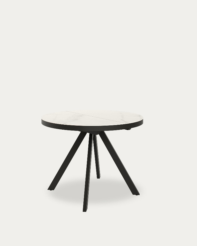 Ebro round extendable table with carrara porcelain finish and black metal structure 120/160 cm