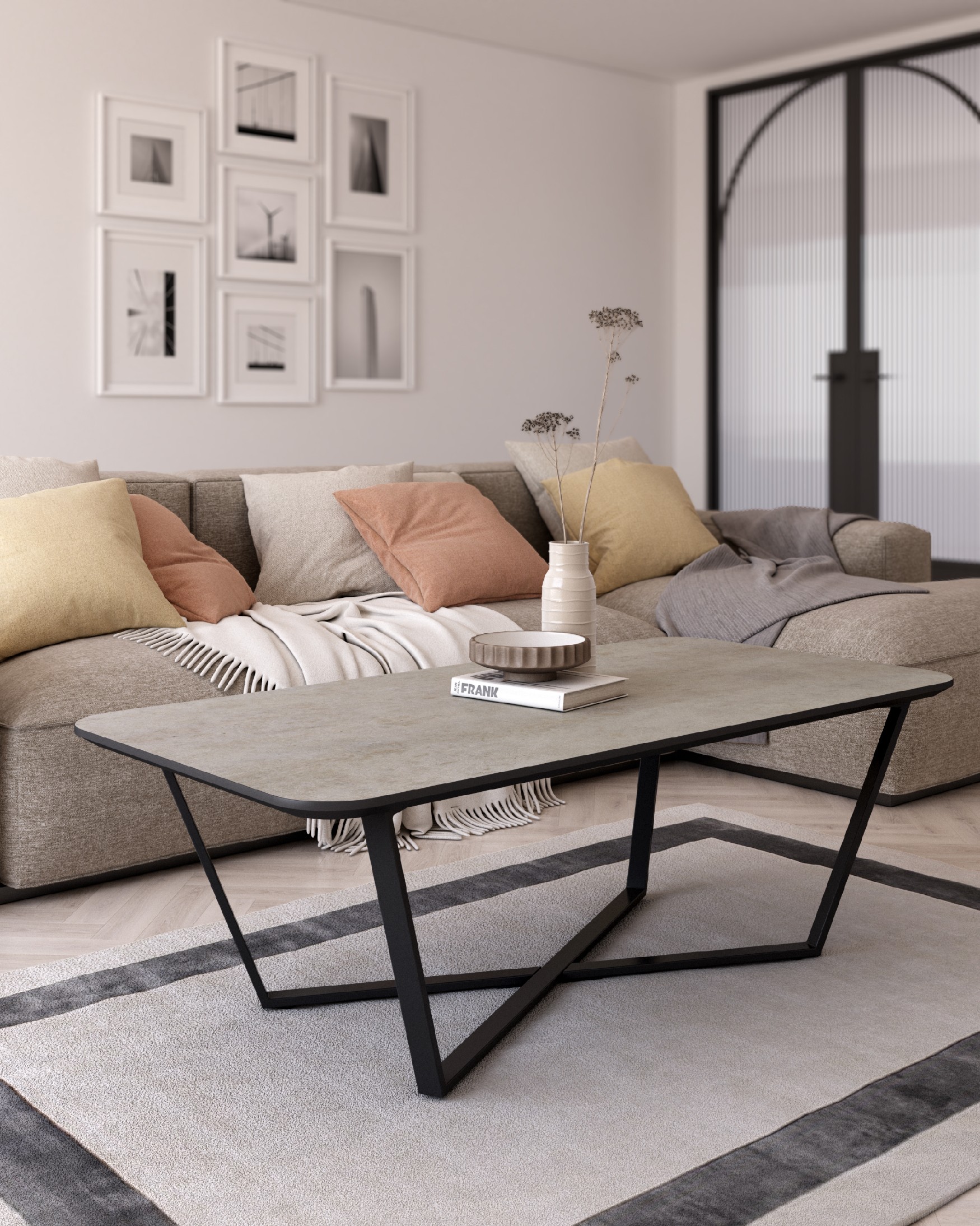 Egeo rectangular side table with MDF porland finish and black metal structure 120 x 60 cm
