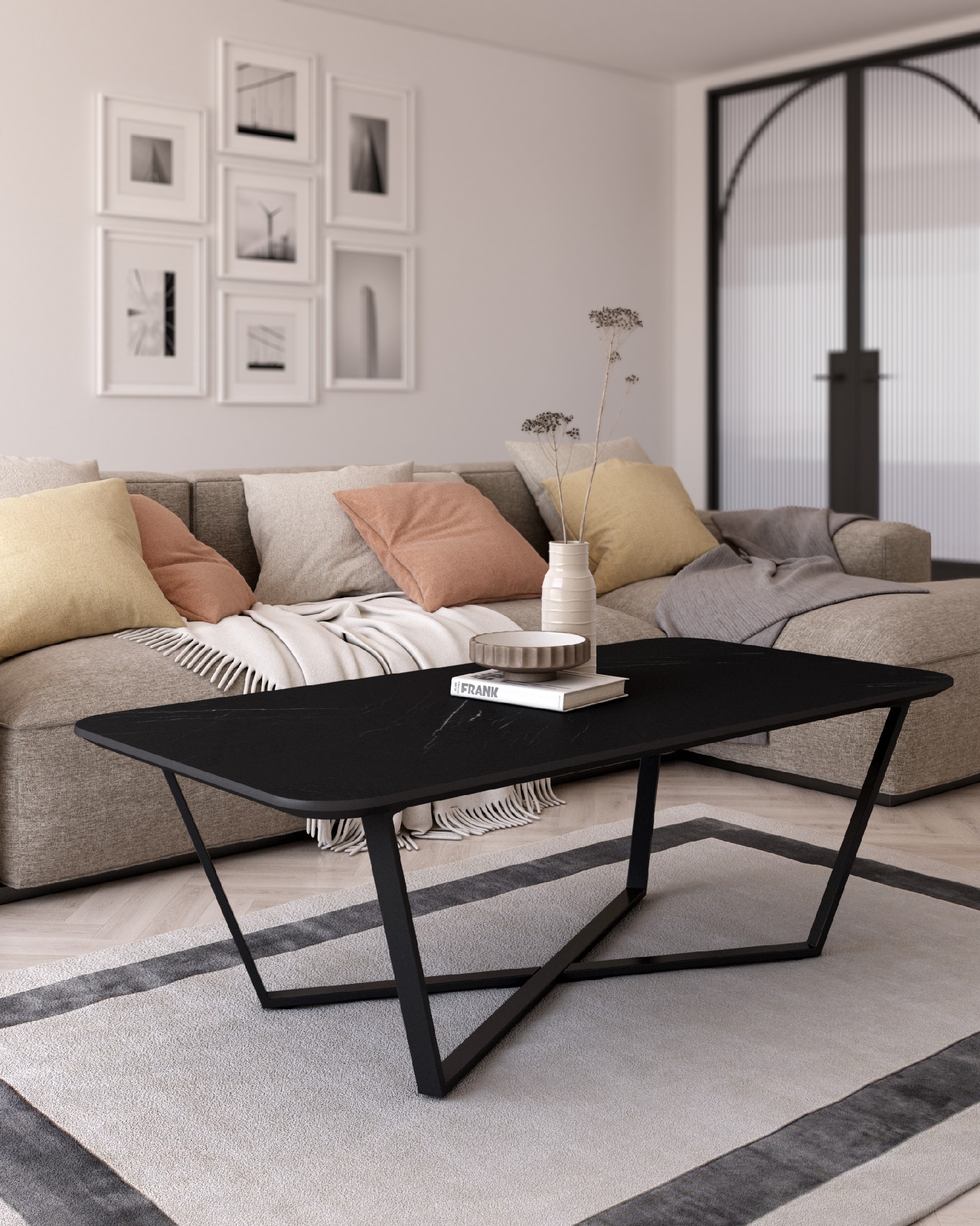 Table d'appoint Egeo rectangulaire avec finition MDF marquina et structure métallique noire 120 x 60 cm