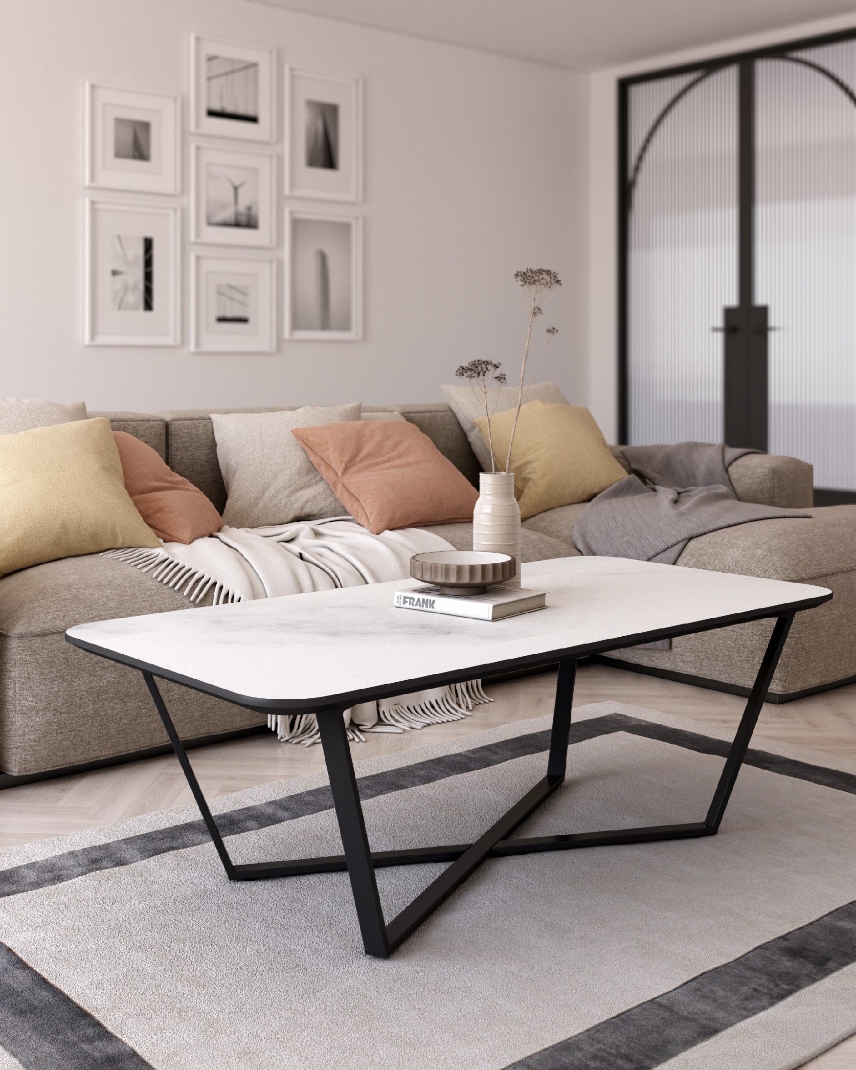 Table d'appoint Egeo rectangulaire avec finition MDF Carrare et structure métallique noire 120 x 60 cm