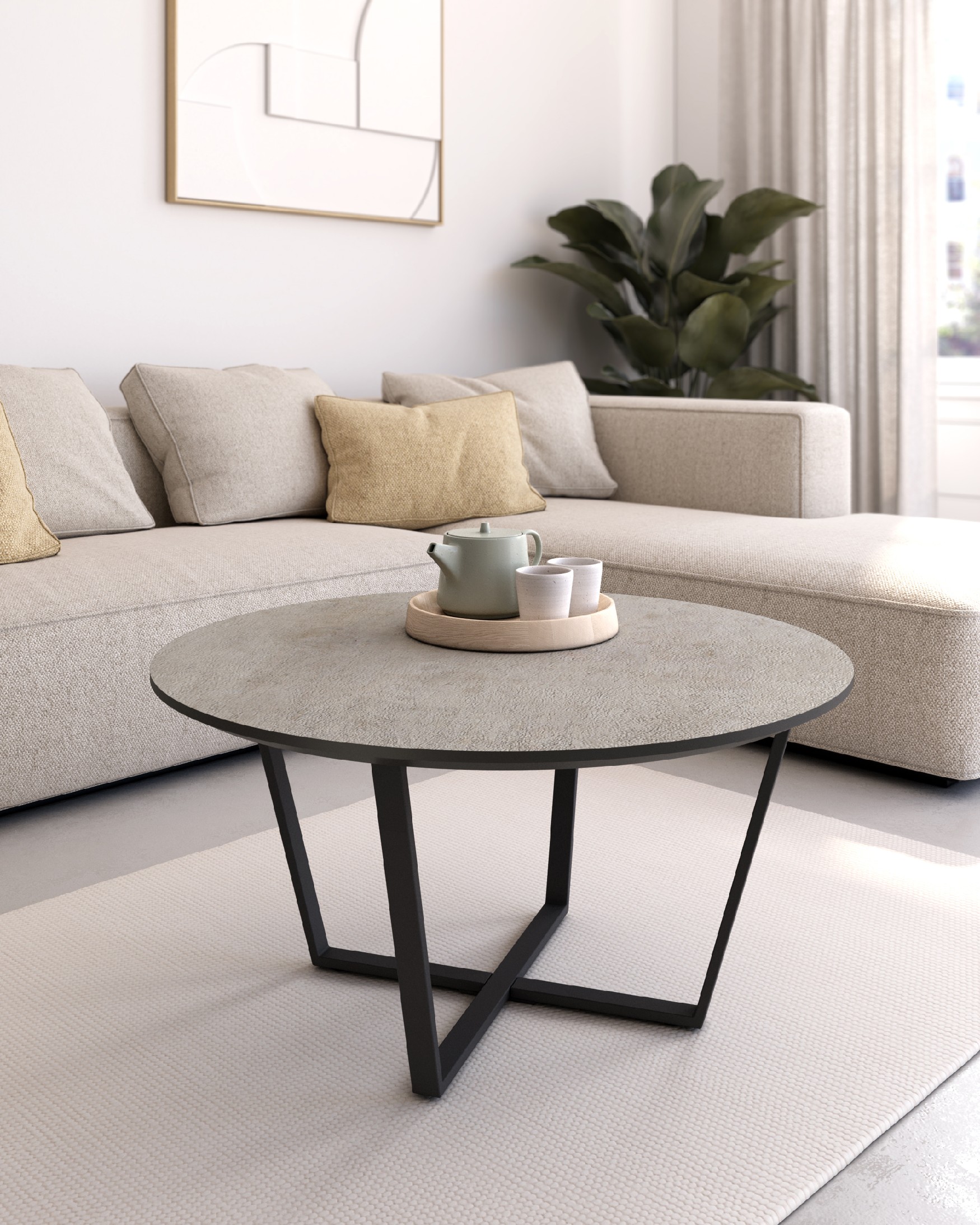 Round Egeo auxiliary table with porland MDF finish and black metal structure Ø 80 cm