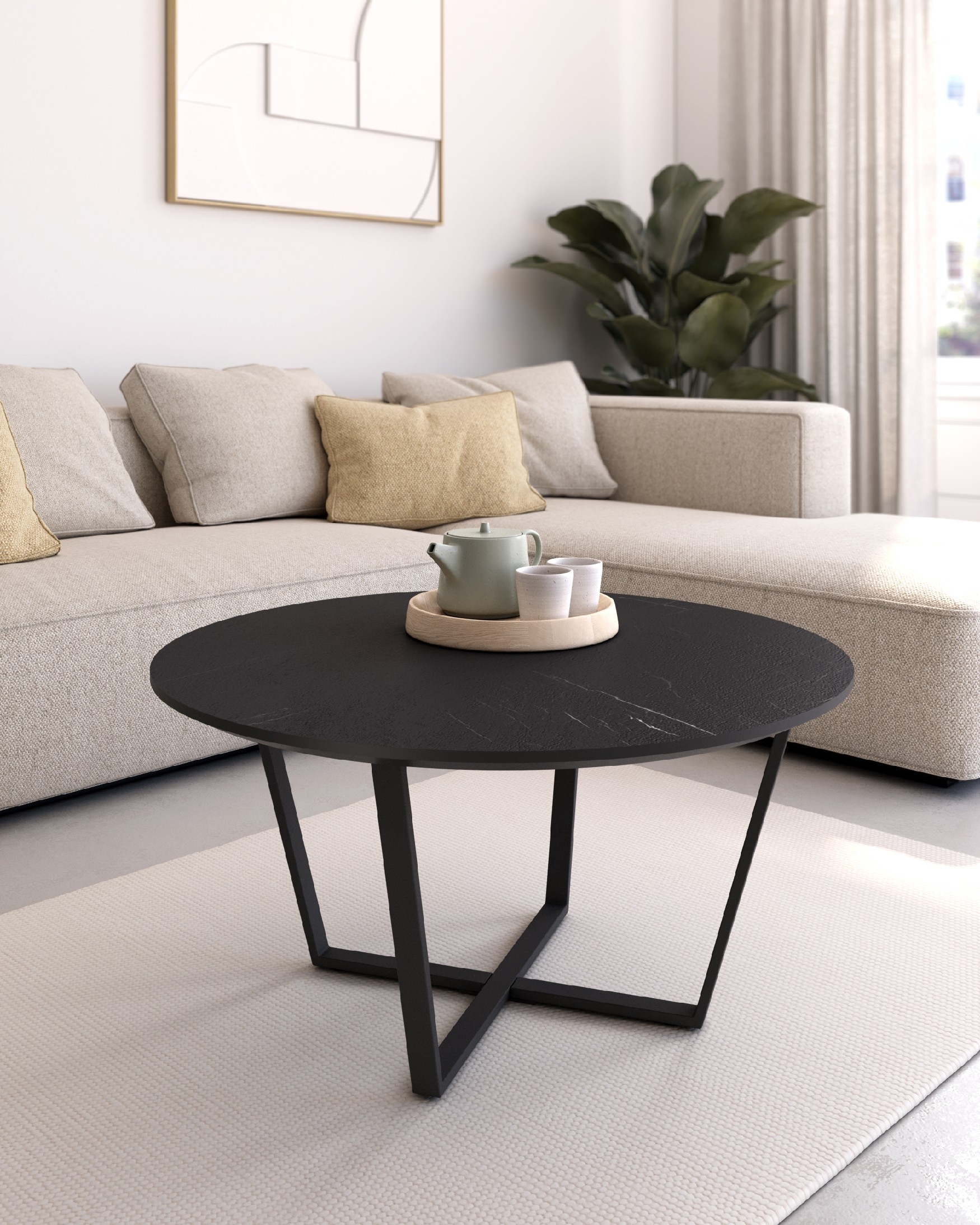 Mesa auxiliar Egeo redonda con acabado MDF marquina y estructura metálica negra Ø 80 cm