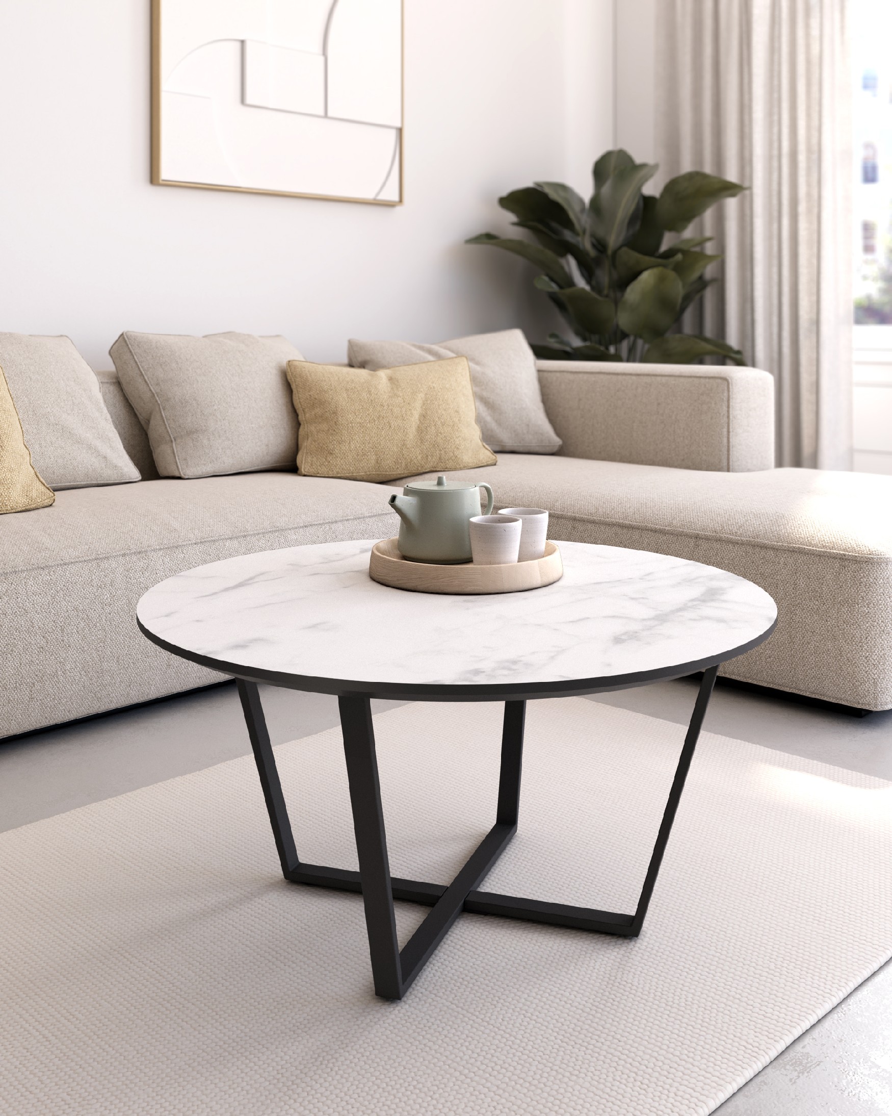 Egeo round side table with Carrara MDF finish and black metal structure Ø 80 cm