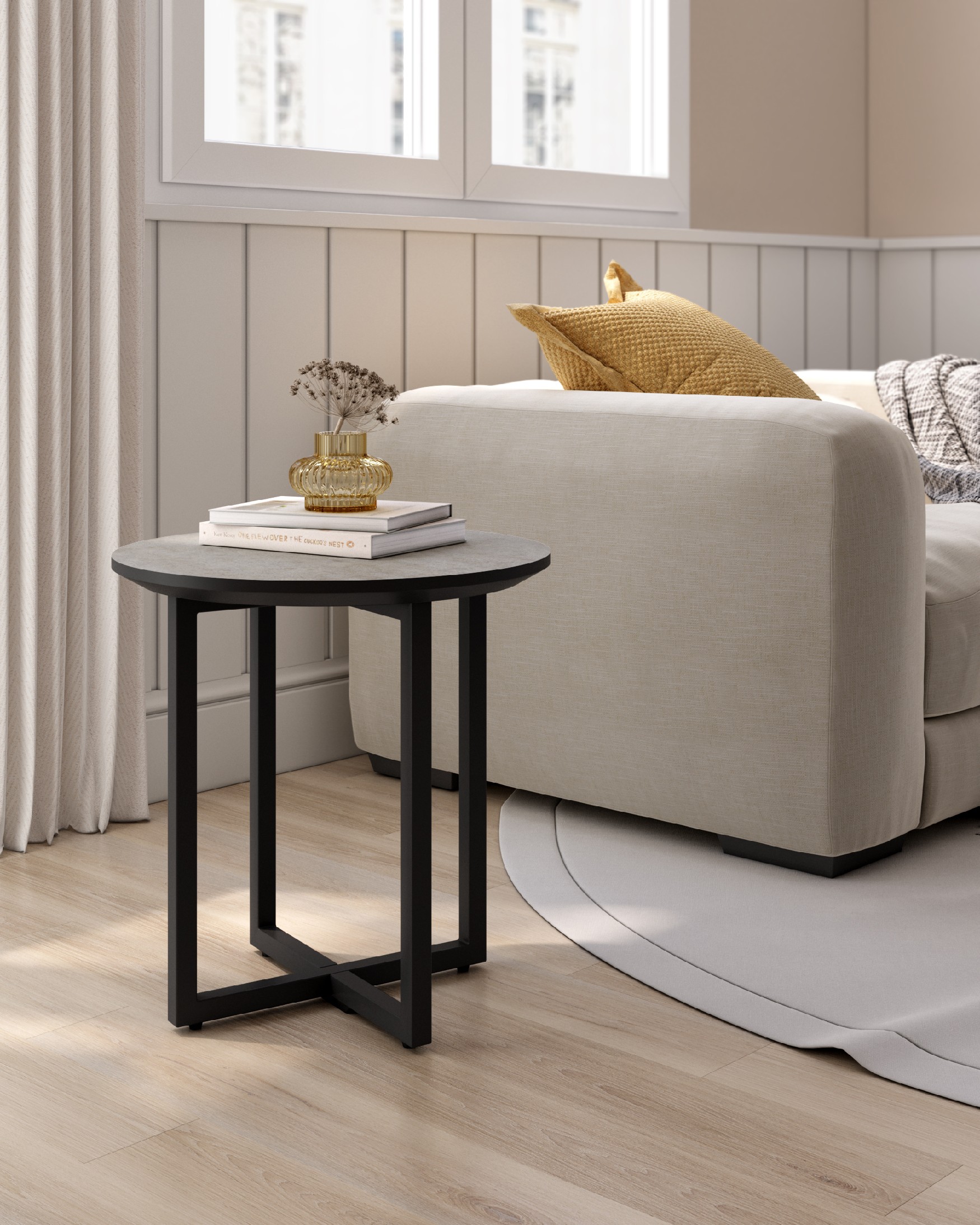 Table d'appoint Egeo ronde avec finition MDF porland et structure métallique noire Ø 40 cm