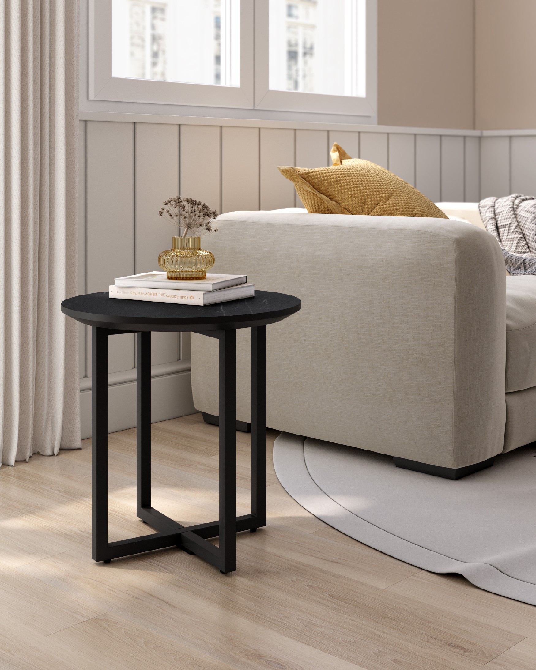 Egeo round side table with marquina MDF finish and black metal structure Ø 40 cm