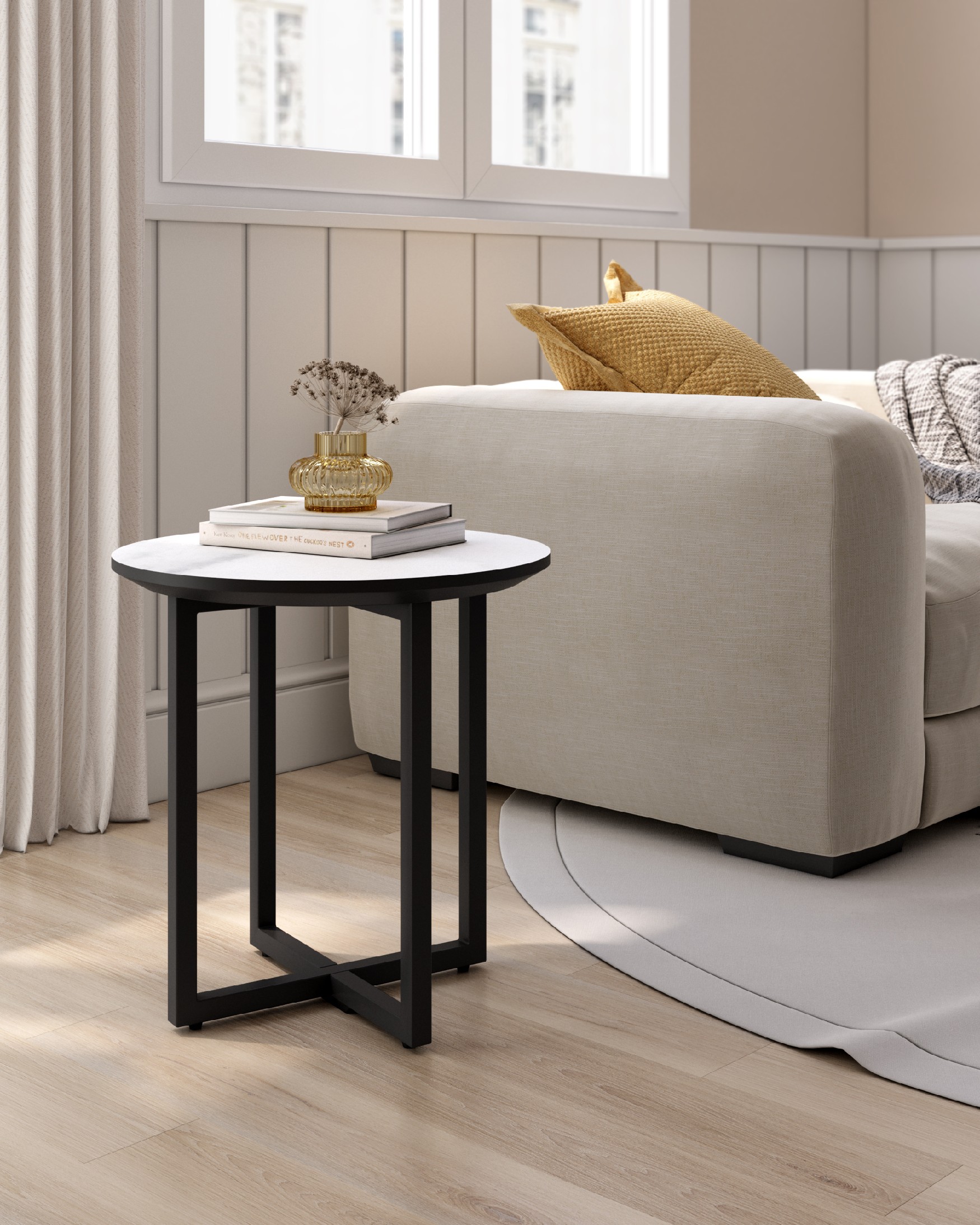Mesa auxiliar Egeo redonda con acabado MDF carrara y estructura metálica negra Ø 40 cm