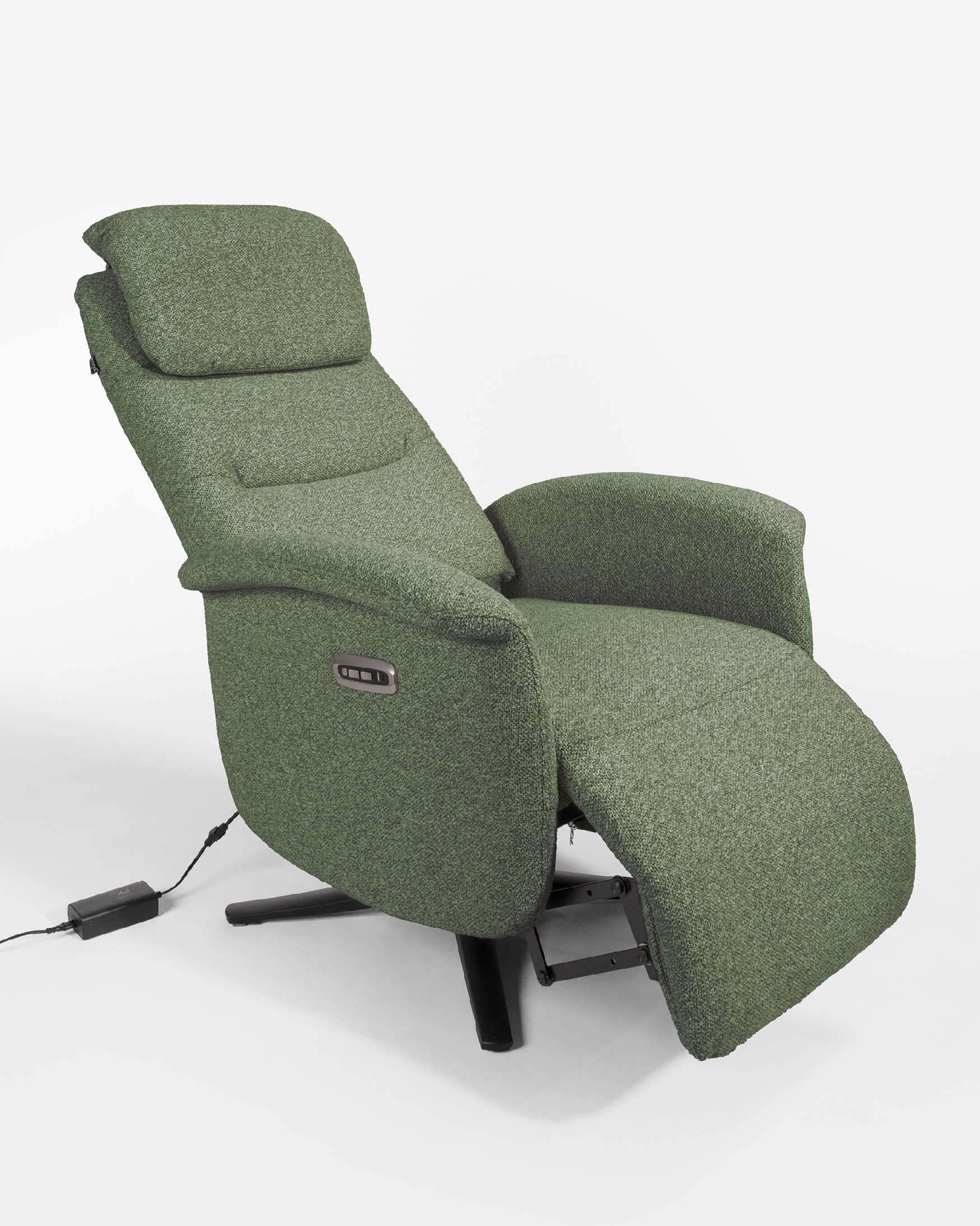 Elia electric reclining swivel armchair with green upholstery and black metal base (2 motors)