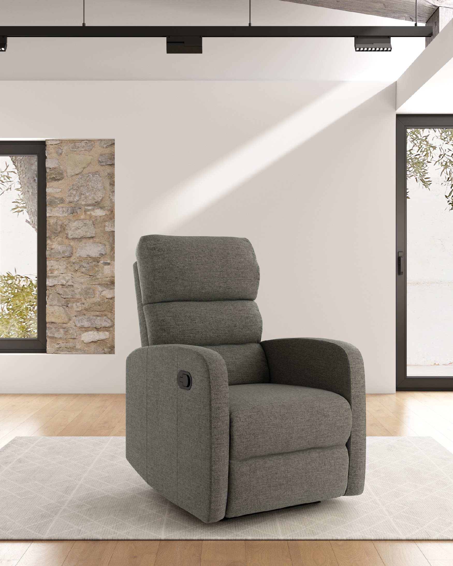 Manual recliner chair Elsa with gray upholstery and black metal legs