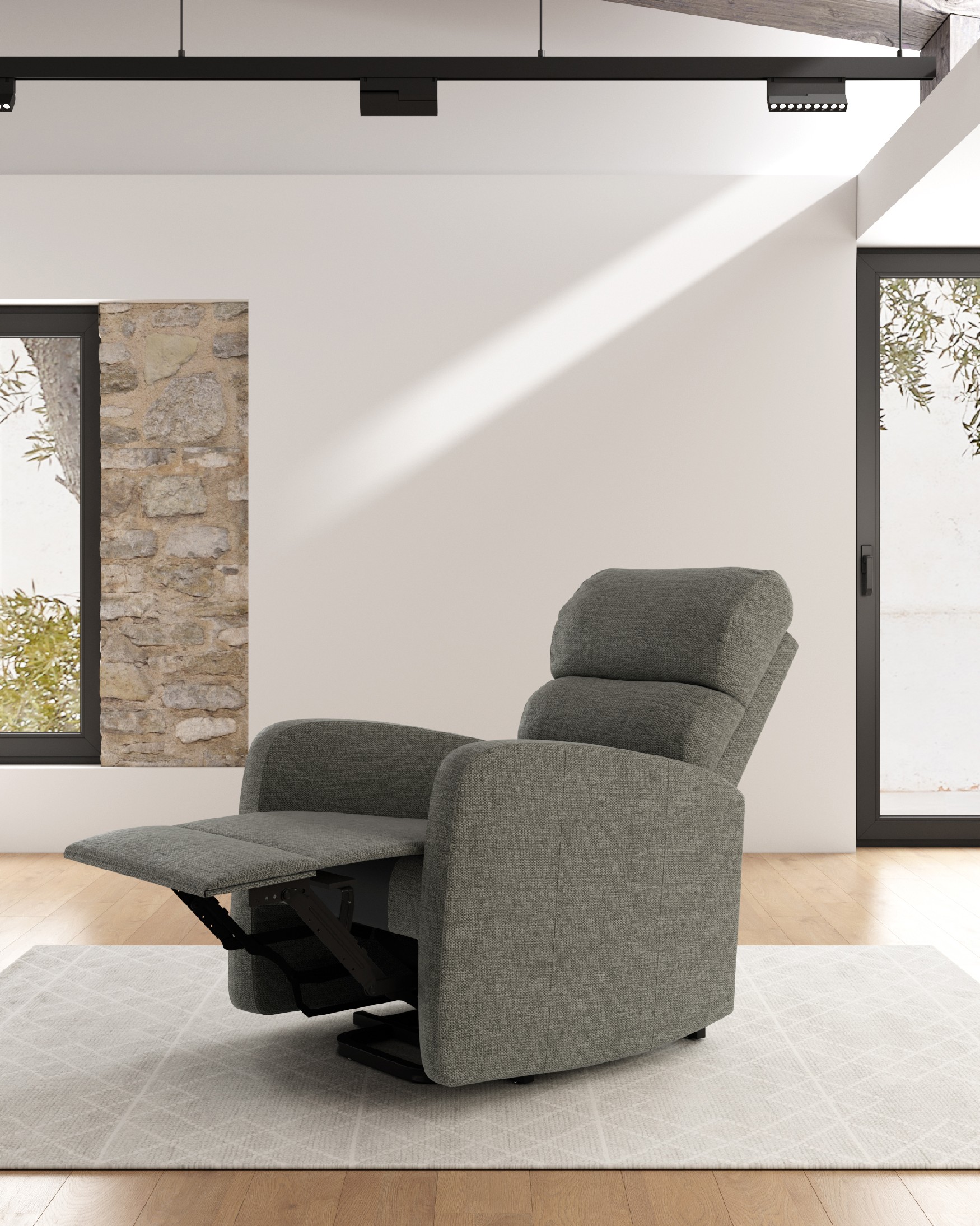 Manual recliner chair Elsa with gray upholstery and black metal legs